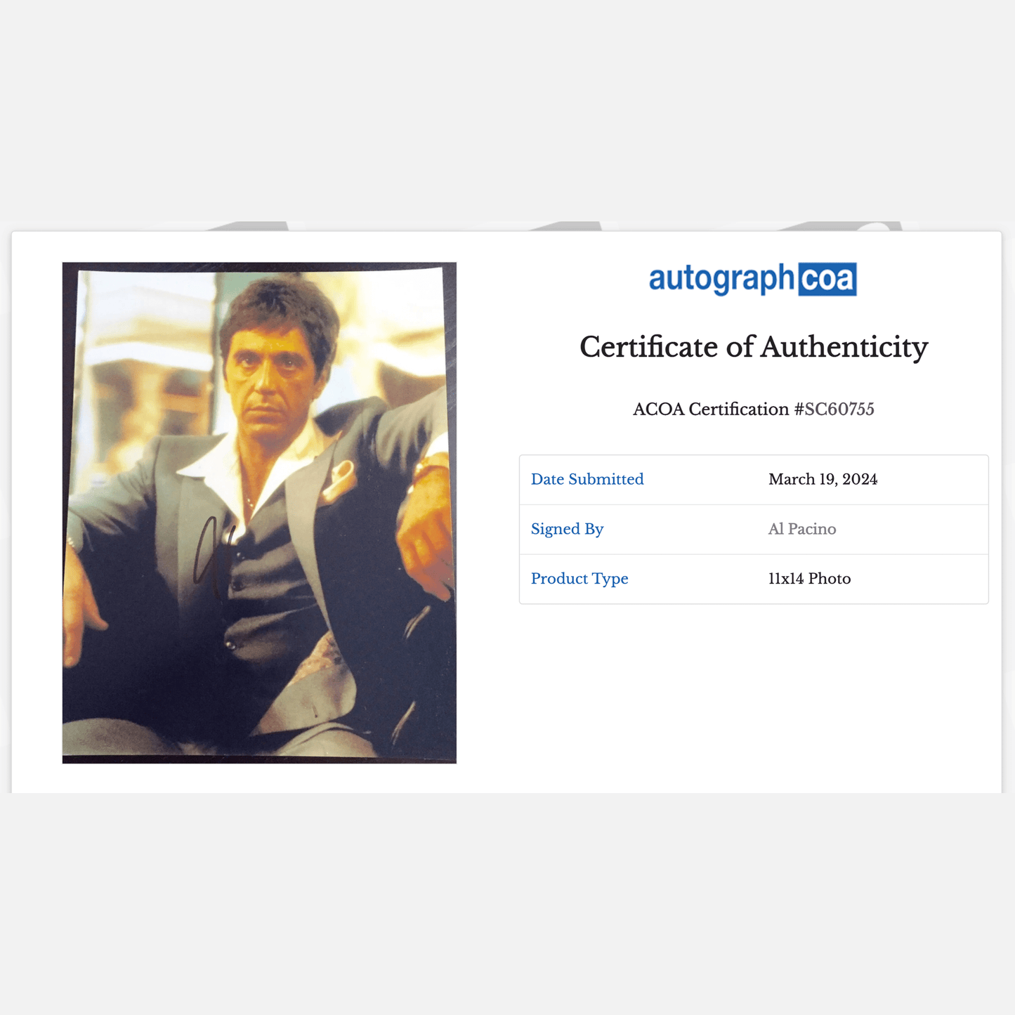 AL PACINO autograph ACOA signed 11x14 photography THE GODFATHER 11x14