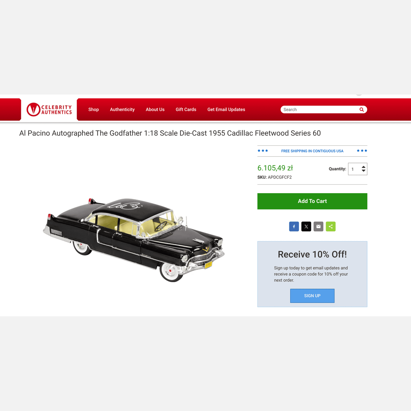 AL PACINO autograph Celebrity Authentics ACOA signed 1955 Cadillac Model THE GODFATHER Memorabilia