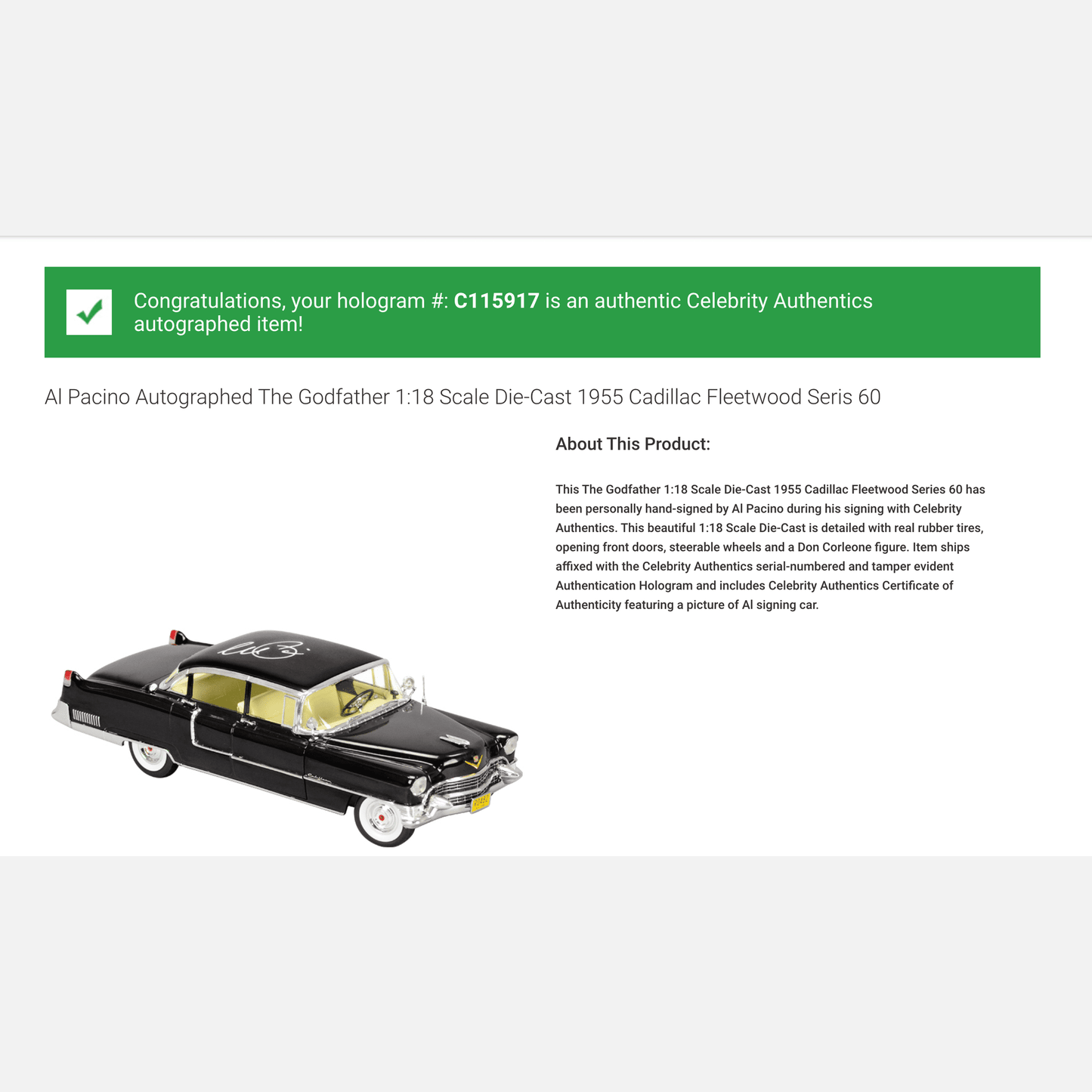 AL PACINO autograph Celebrity Authentics ACOA signed 1955 Cadillac Model THE GODFATHER Memorabilia
