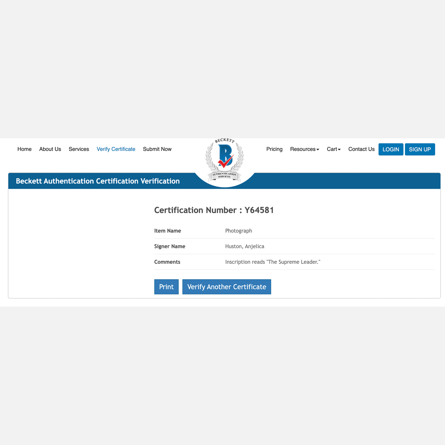 ANJELICA HUSTON autograph BECKETT signed 8x10 photography 8x10