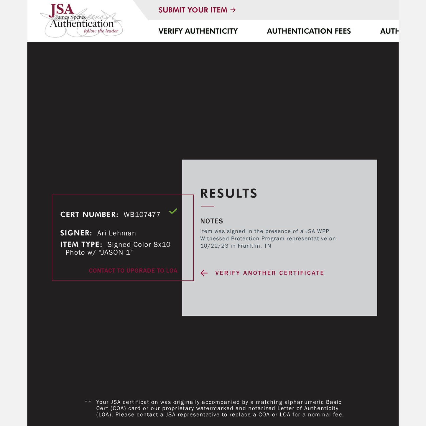 ARI LEHMAN autograph JSA signed 8x10 photography FRIDAY THE 13TH 8x10