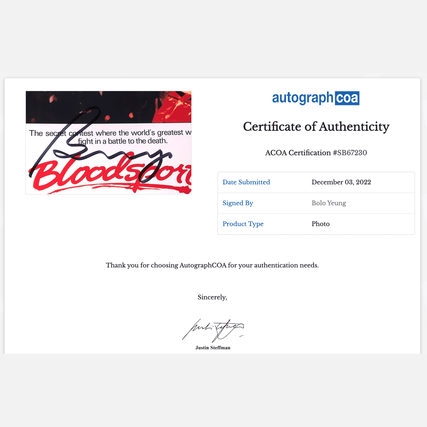 BOLO YEUNG autograph ACOA signed 8x10 photography BLOODSPORT 8x10