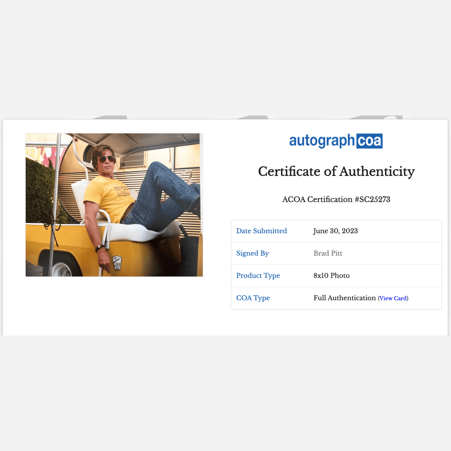 BRAD PITT autograph ACOA signed 8x10 photography 8x10