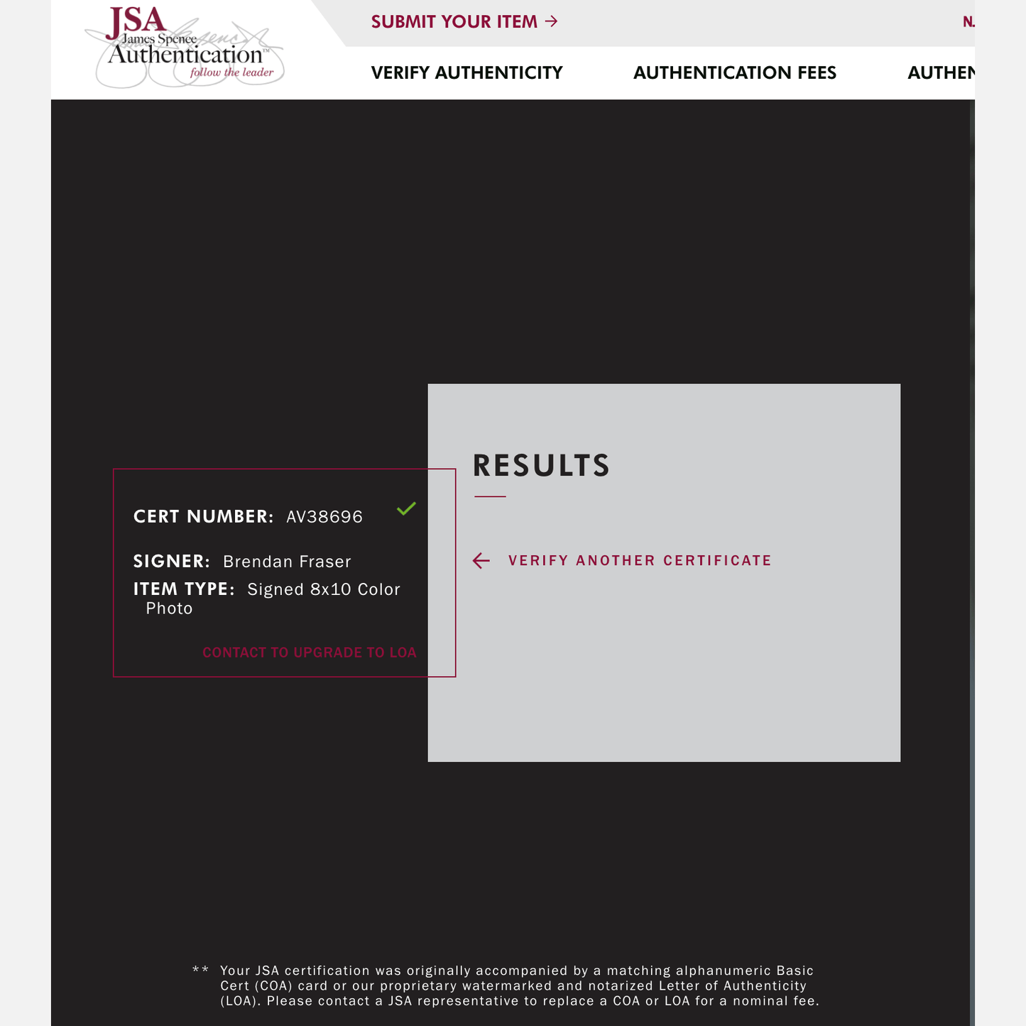 BRENDAN FRASER autograph JSA signed 8x10 photography 8x10