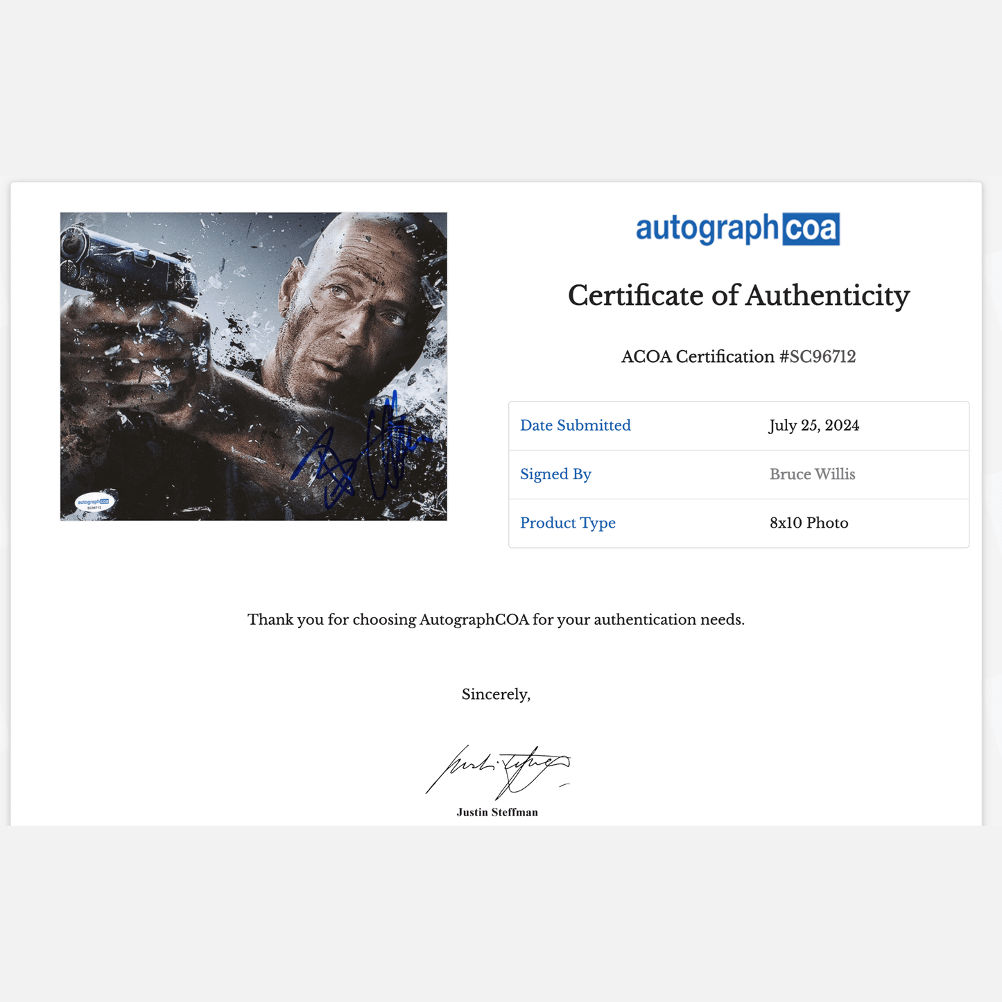 BRUCE WILLIS autograph ACOA signed 8x10 photography DIE HARD 8x10