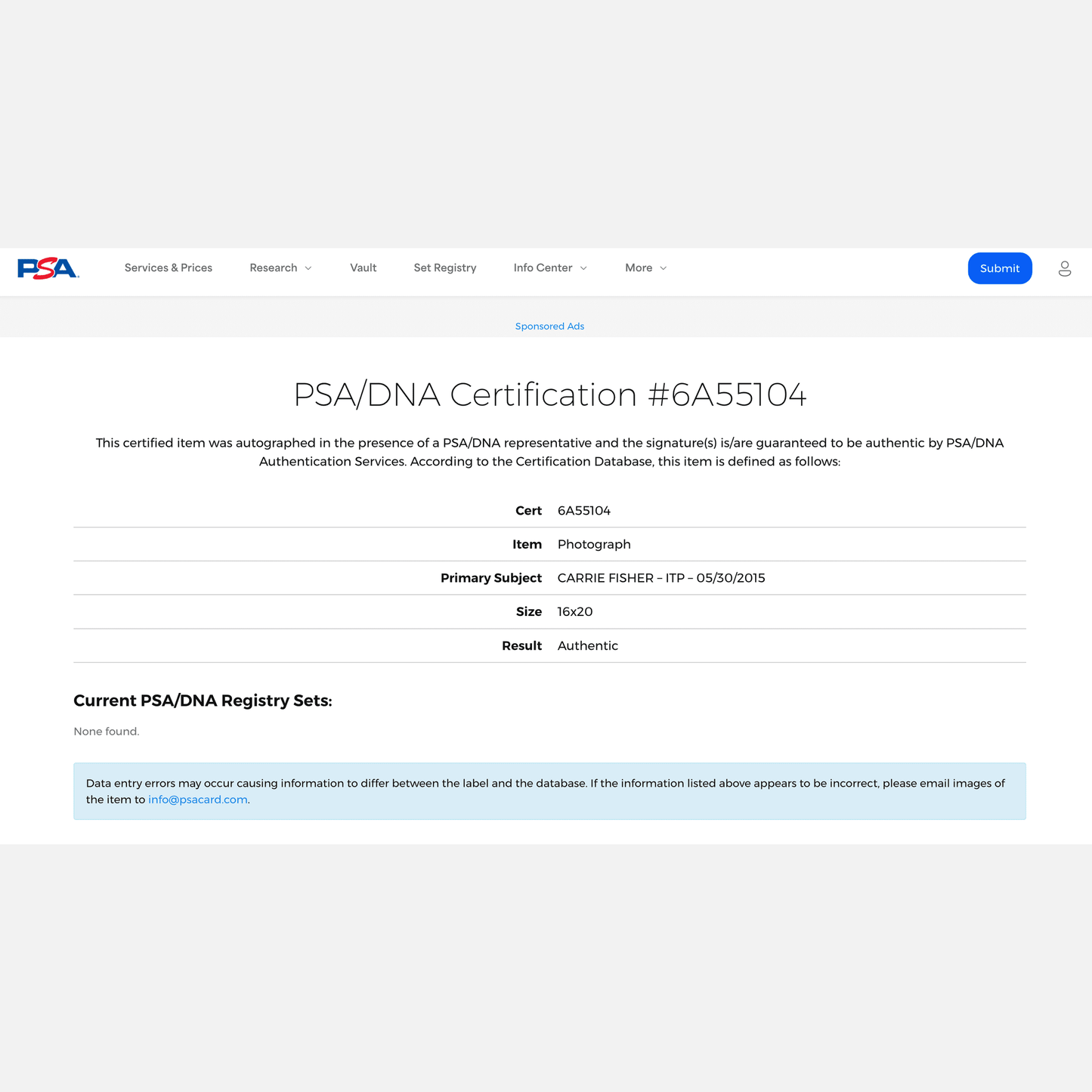 CARRIE FISHER autograph PSA signed 16x20 photography STAR WARS 16x20