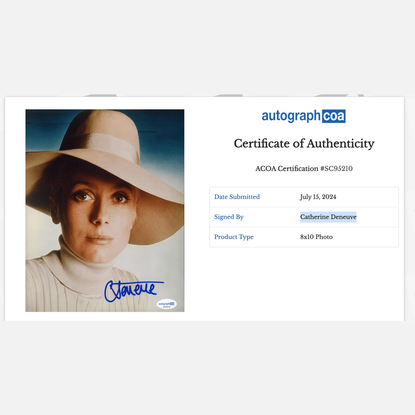 CATHERINE DENEUVE autograph ACOA signed 8x10 photography 8x10