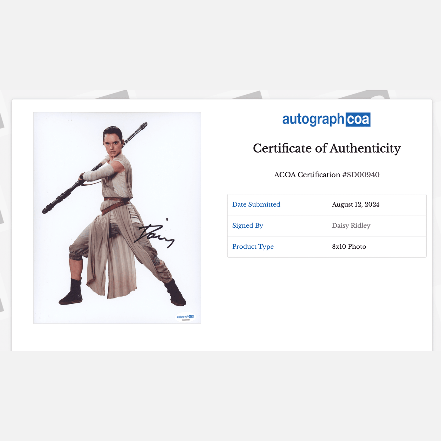 DAISY RIDLEY autograph ACOA signed 8x10 photography STAR WARS 8x10