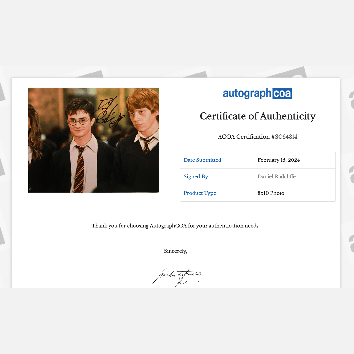 DANIEL RADCLIFFE autograph ACOA signed 8x10 photography HARRY POTTER 8x10