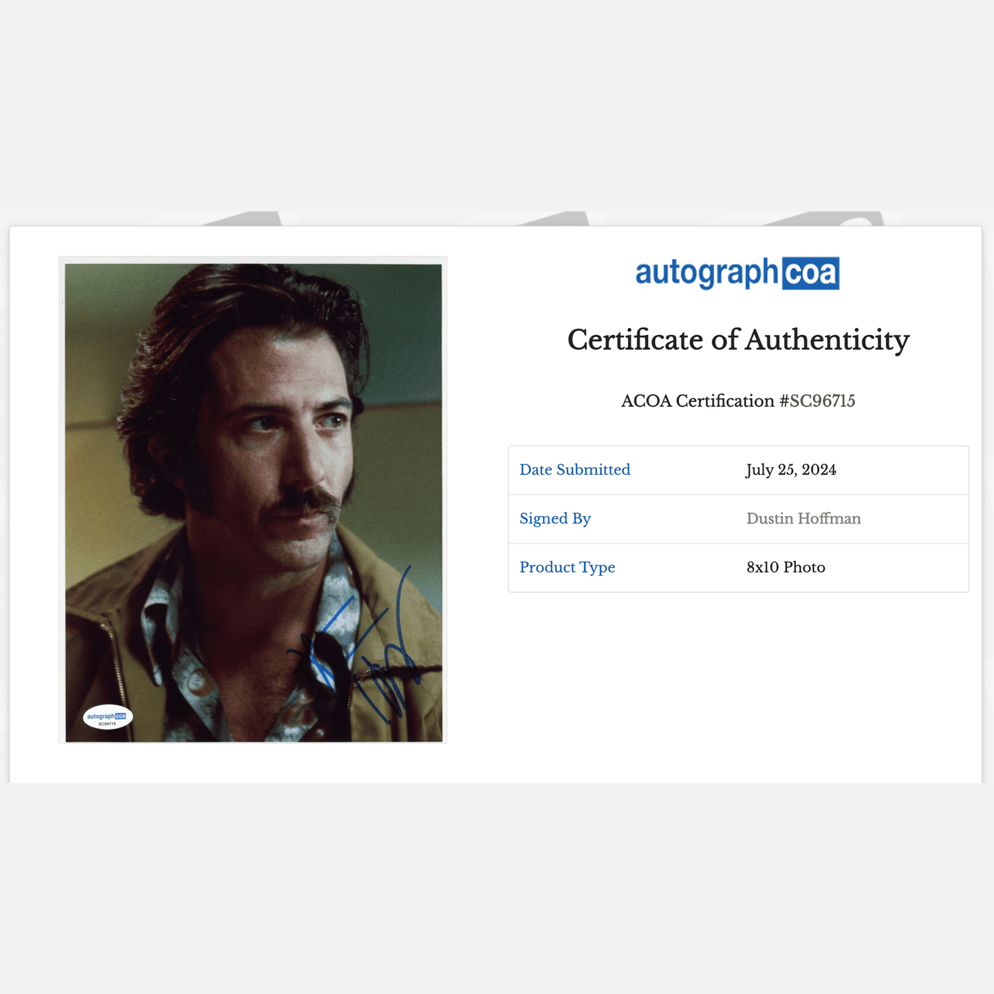 DUSTIN HOFFMAN autograph ACOA signed 8x10 photography 8x10