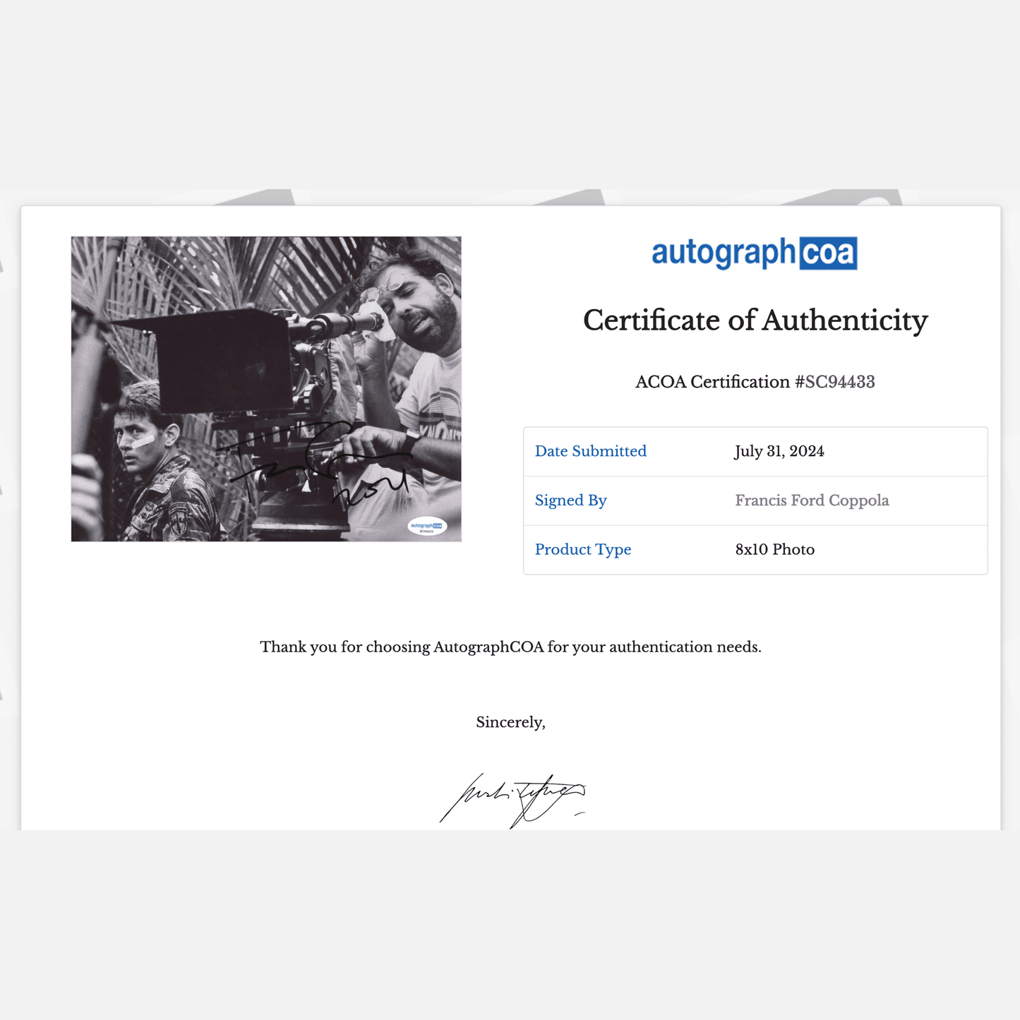 FRANCIS FORD COPPOLA autograph ACOA signed 8x10 photography APOCALYPSE NOW 8x10