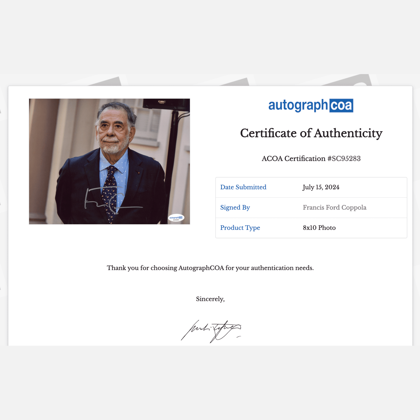 FRANCIS FORD COPPOLA autograph ACOA signed 8x10 photography 8x10