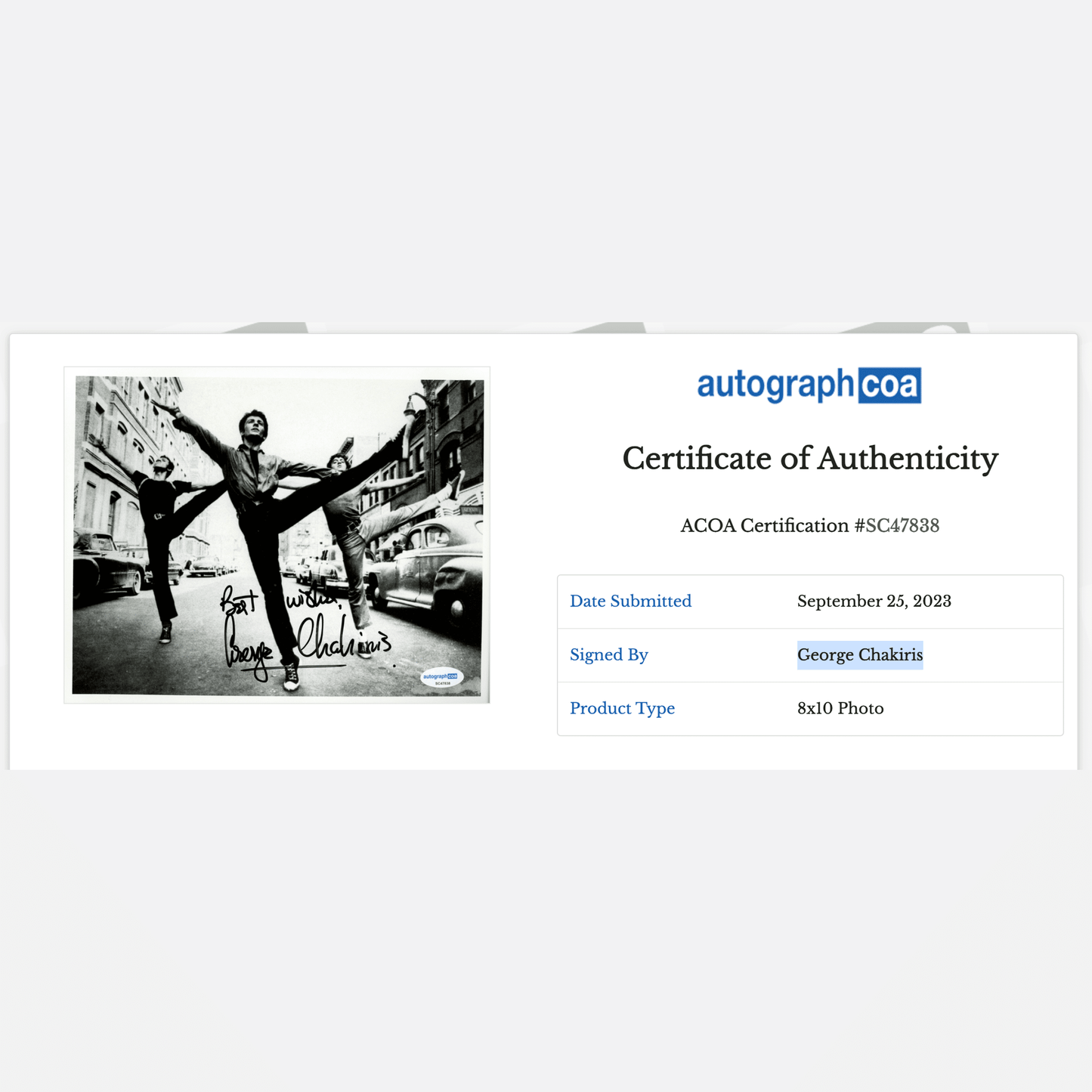 GEORGE CHAKIRIS autograph ACOA signed 8x10 photography West Side Story 8x10
