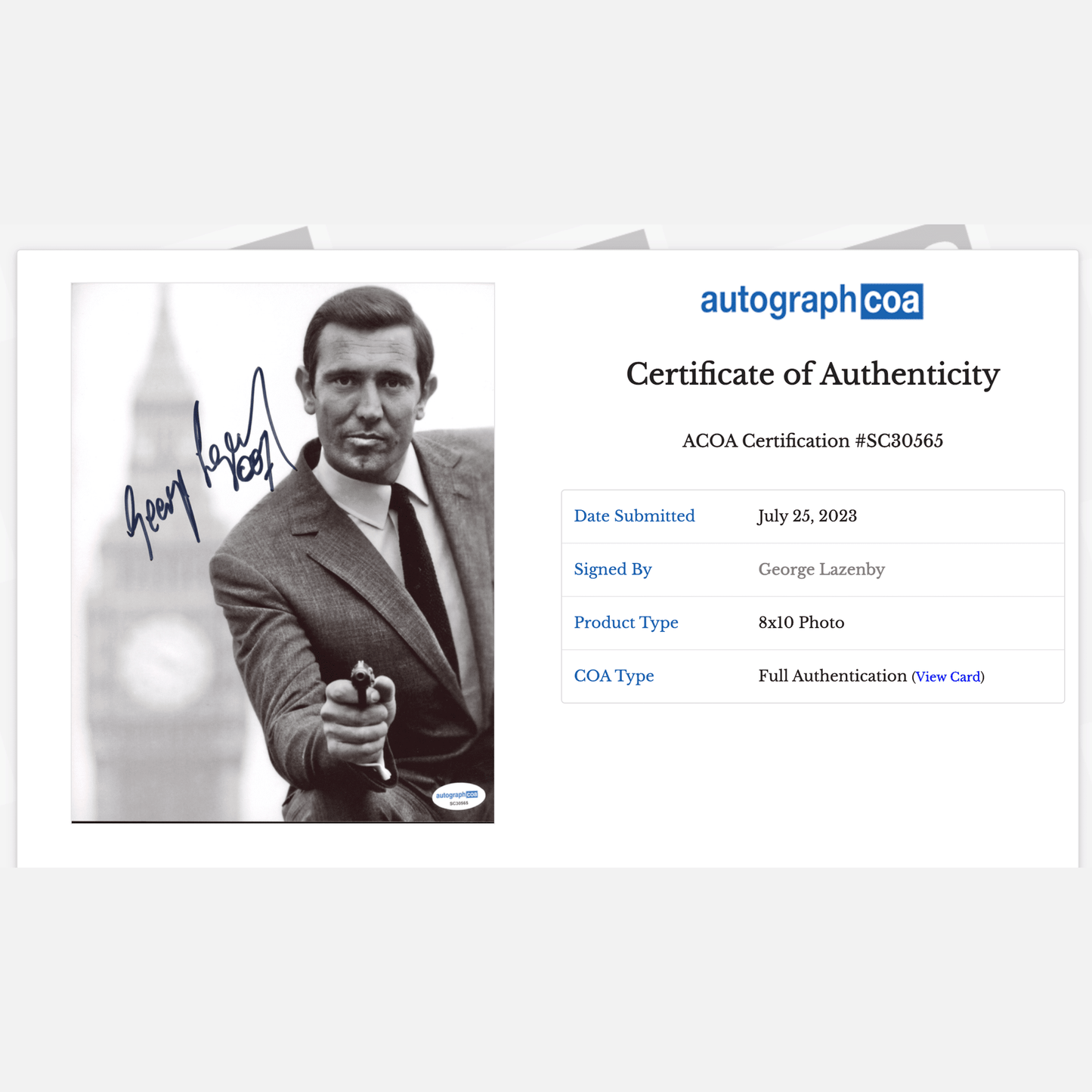 GEORGE LAZENBY autograph ACOA signed 8x10 photography 007 JAMES BOND 8x10