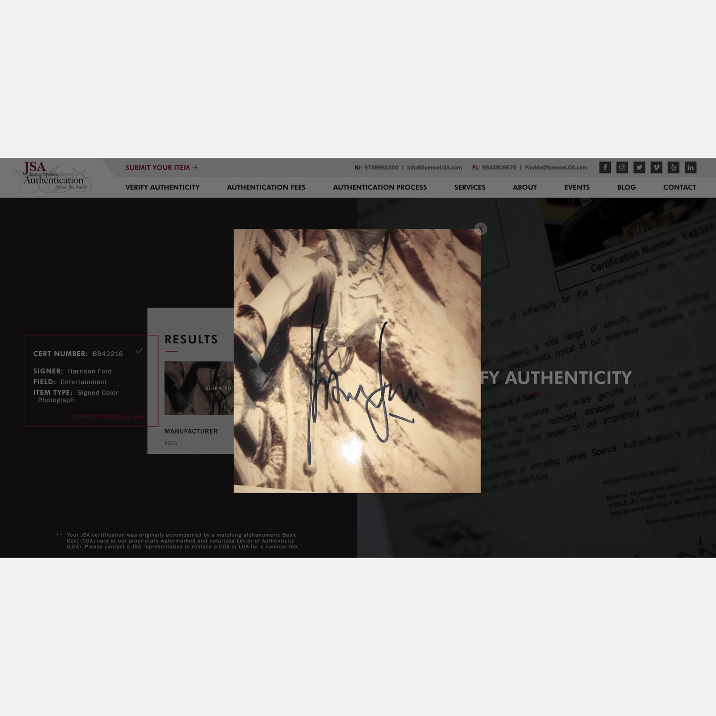 HARRISON FORD autograph JSA LOA signed 8x10 photography INDIANA JONES 8x10