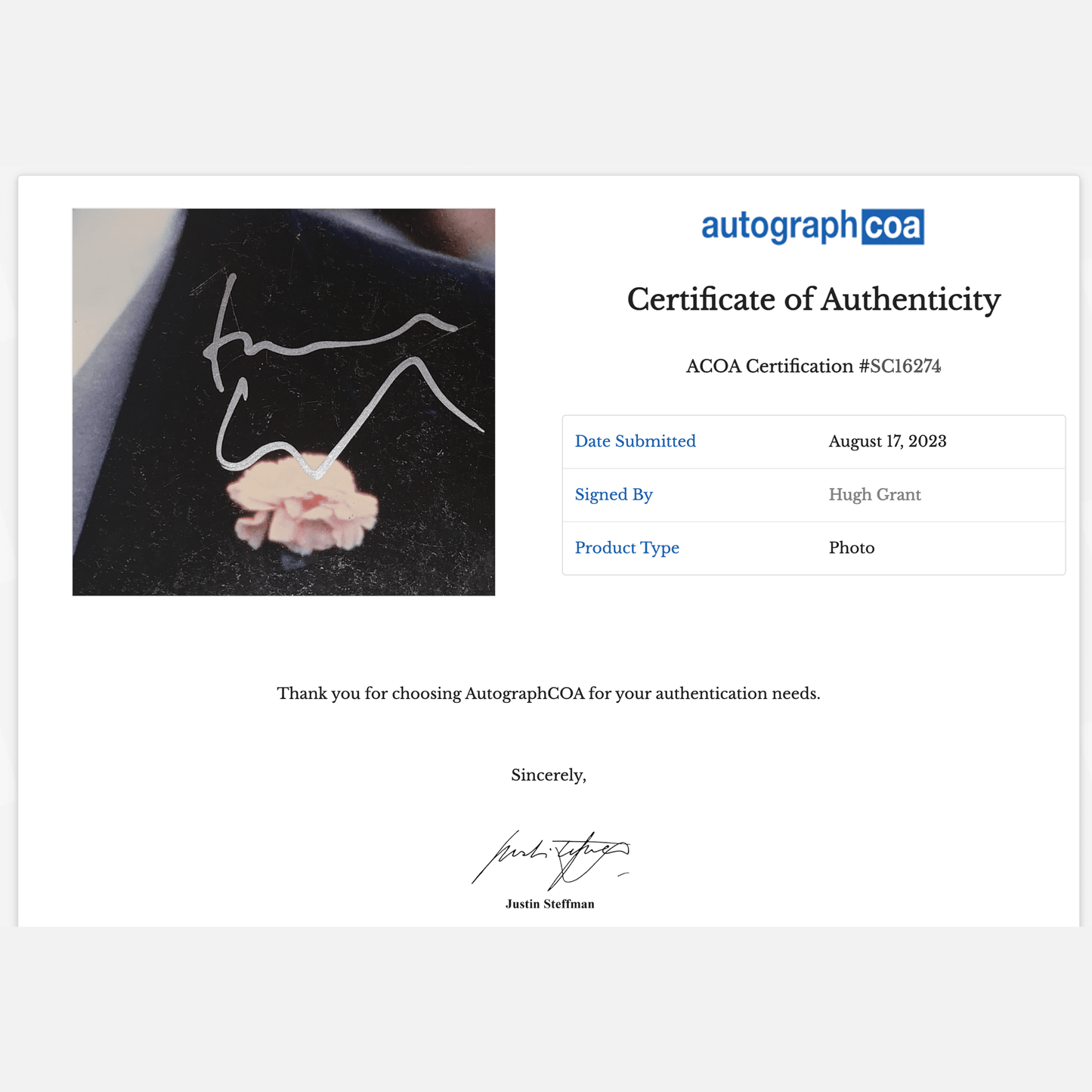 HUGH GRANT autograph ACOA signed 8x10 photography FOUR WEDDINGS AND A FUNERAL 8x10