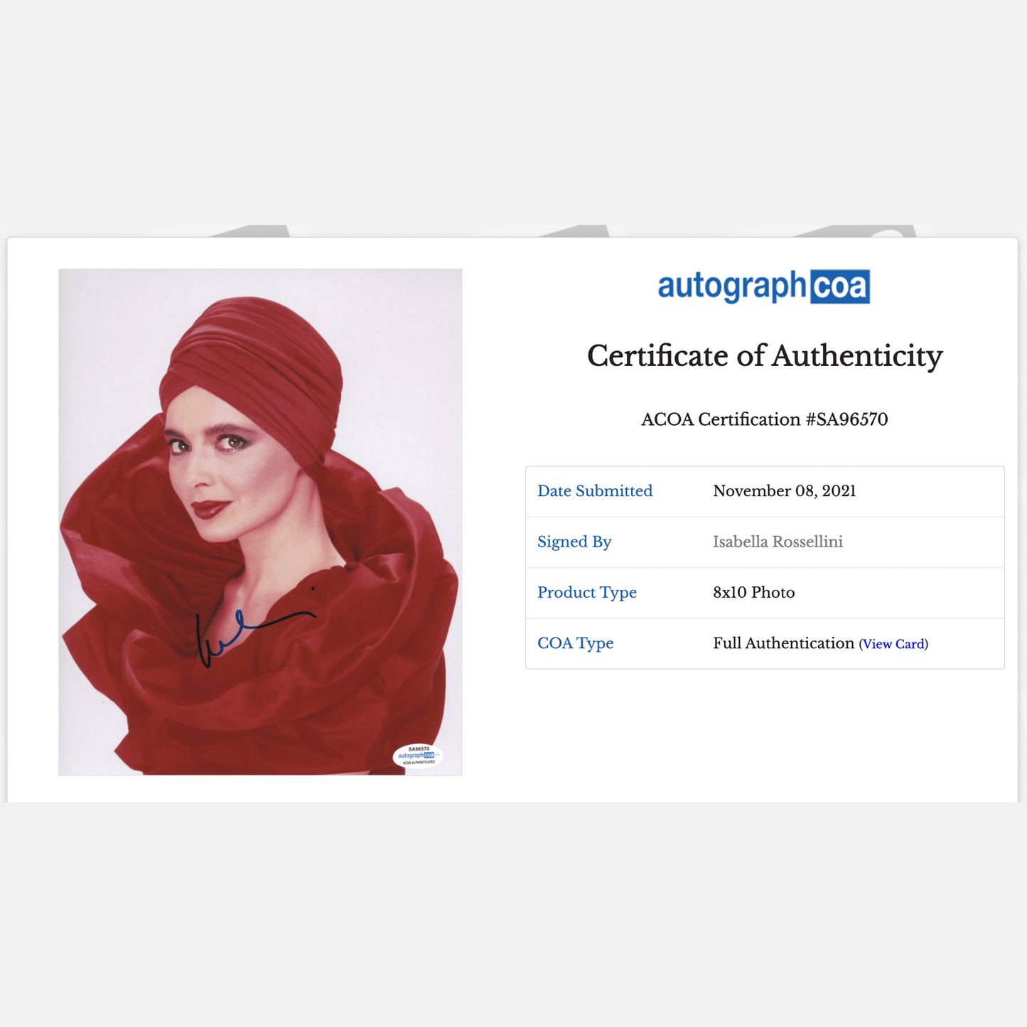 ISABELLA ROSSELLINI autograph ACOA signed 8x10 photography 8x10