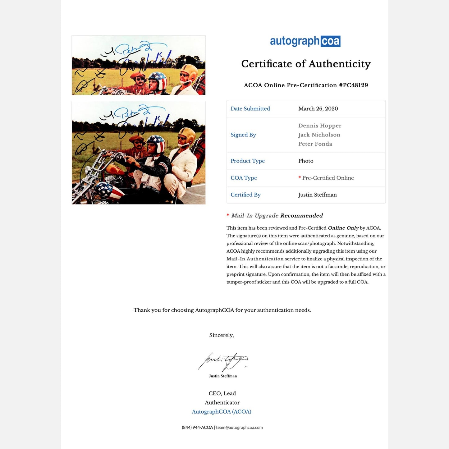 JACK NICHOLSON, DENNIS HOPPER, PETER FONDA autographs ACOA signed 8x10 photography EASY RIDER 8X10