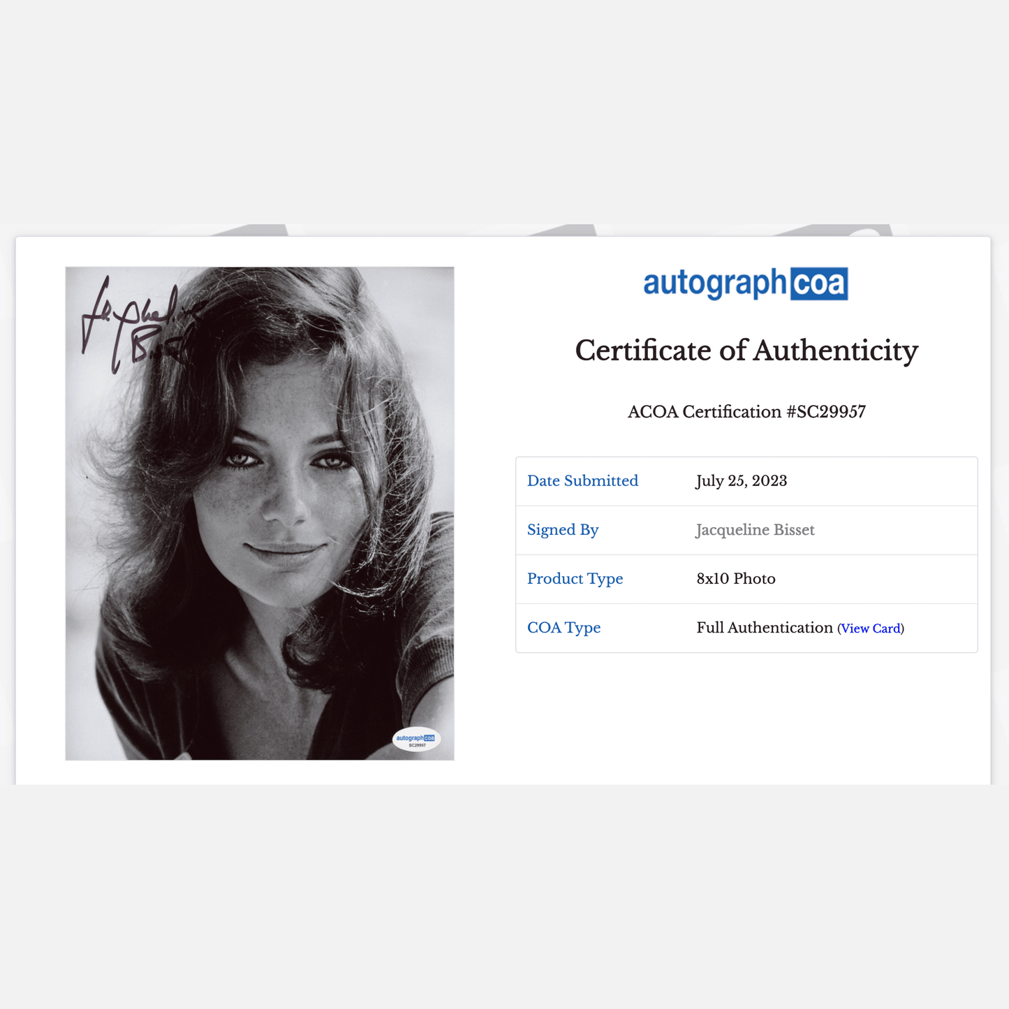 JACQUELINE BISSET autograph ACOA signed 8x10 photography 8x10