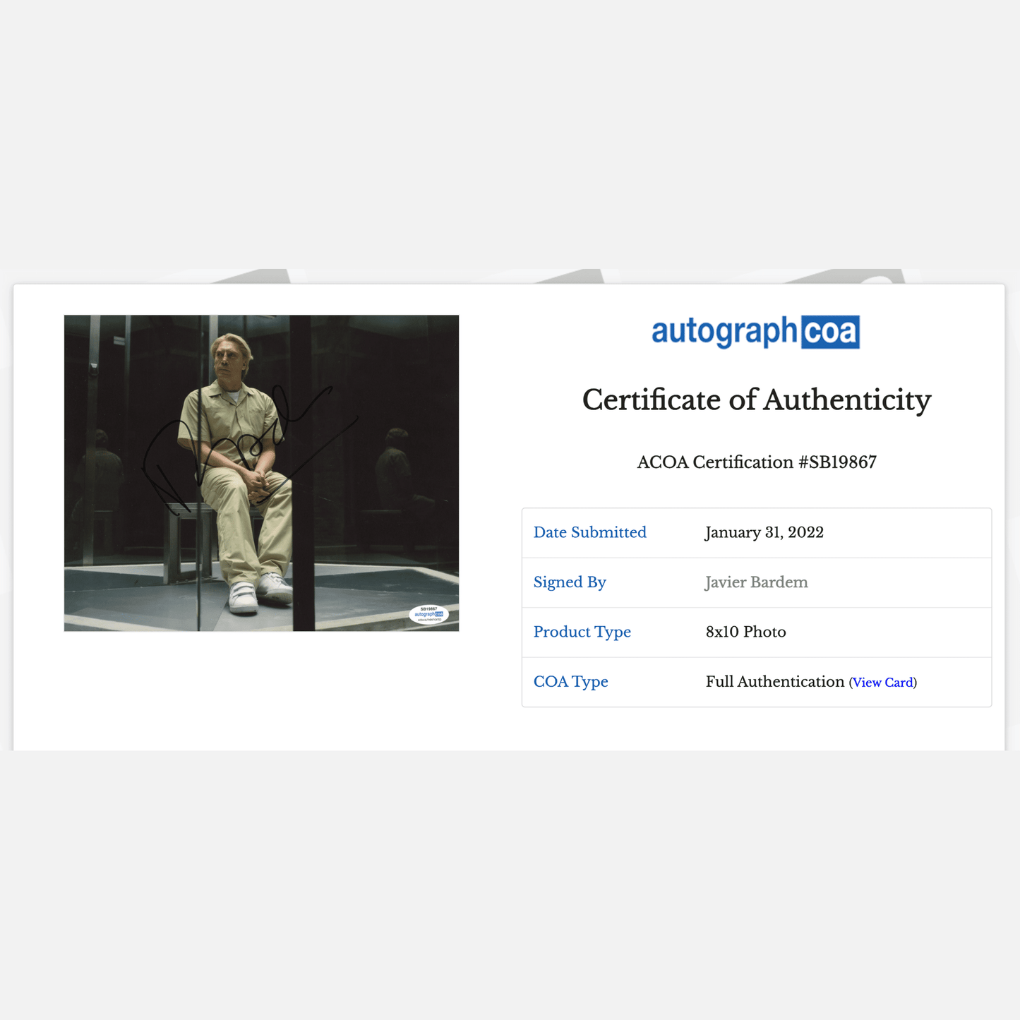 JAVIER BARDEM autograph ACOA signed 8x10 photography 007 JAMES BOND 8x10