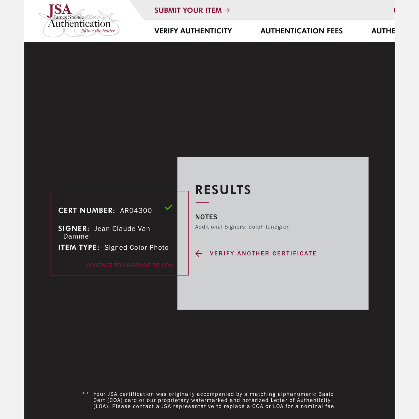 JEAN-CLAUDE VAN DAMME & DOLPH LUNDGREN autograph JSA signed 8x10 photography Universal Soldier 8x10