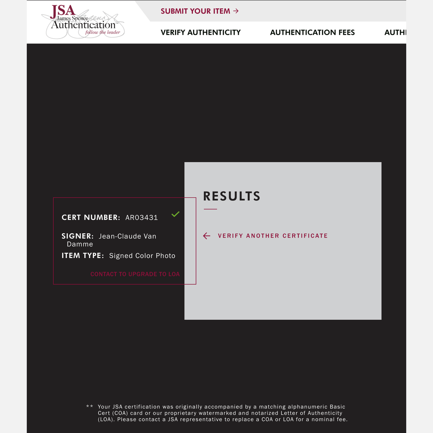 JEAN-CLAUDE VAN DAMME autograph JSA signed 8x10 photography 8x10