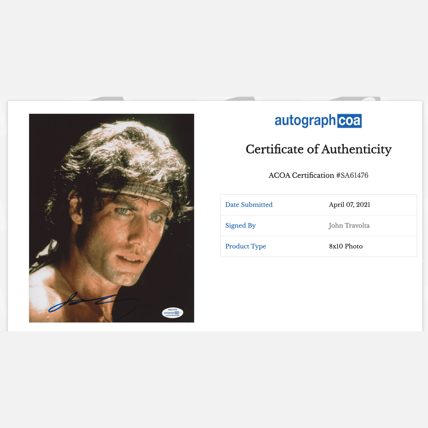 JOHN TRAVOLTA autograph ACOA signed 8x10 photography 8x10