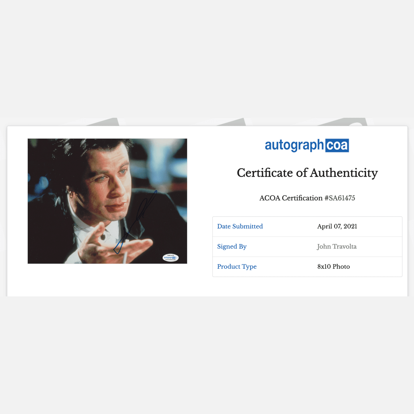 JOHN TRAVOLTA autograph ACOA signed 8x10 photography PULP FICTION 8x10