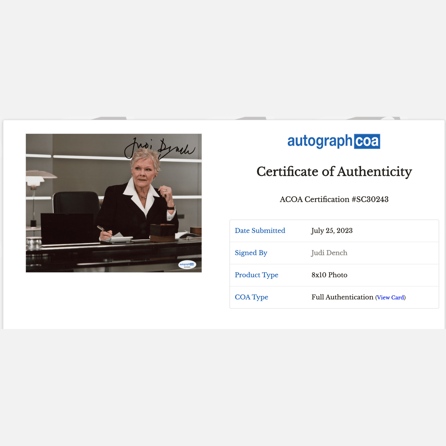 JUDI DENCH autograph ACOA signed 8x10 photography JAMES BOND 007 8x10