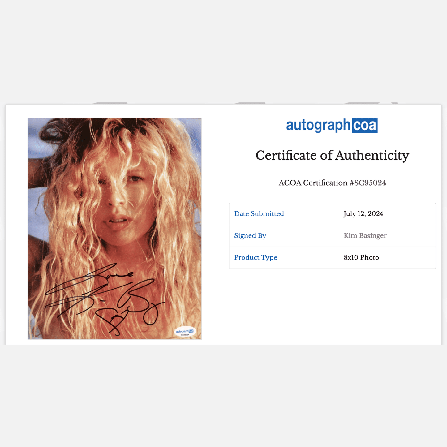 KIM BASINGER autograph ACOA signed 8x10 photography 8x10