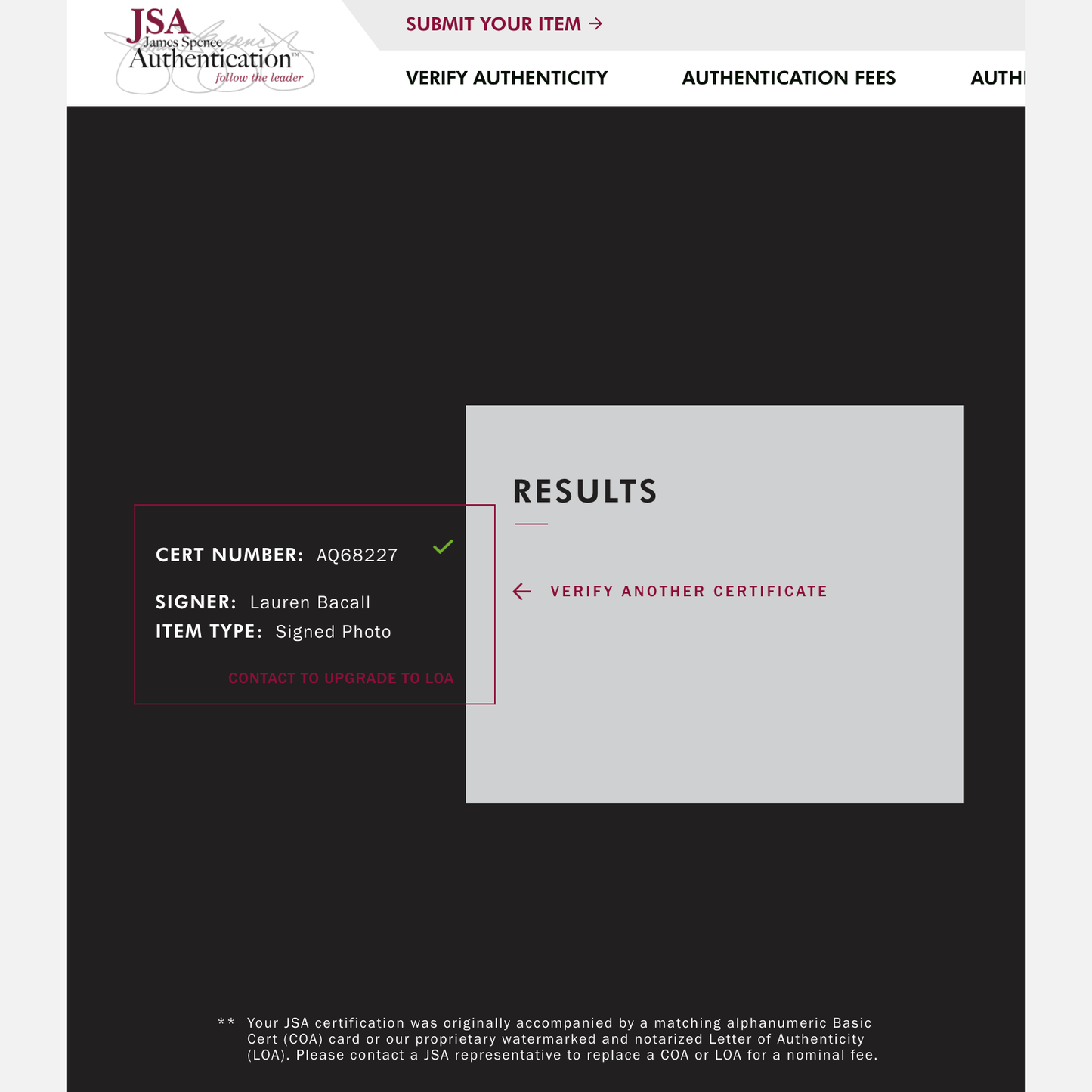 LAUREN BACALL autograph JSA signed 8x10 photography 8x10