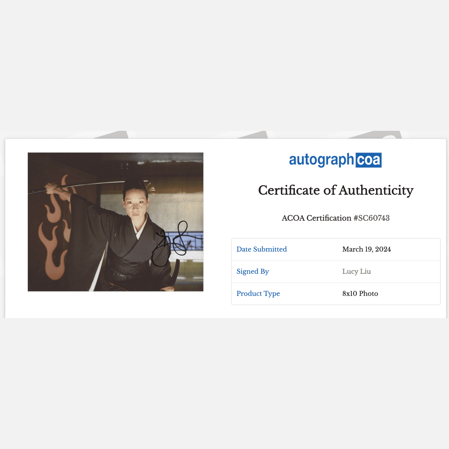 LUCY LIU autograph ACOA signed 8x10 photography KILL BILL 8x10