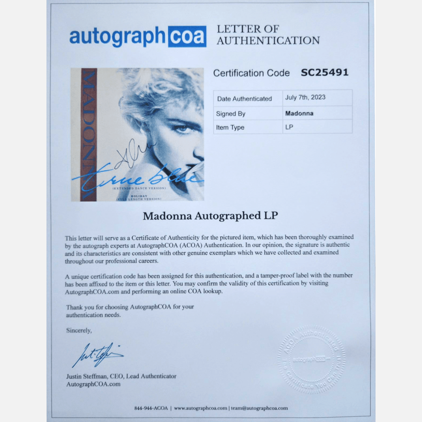 MADONNA autograph ACOA LOA signed Vinyl LP True Blue RARE vinyl