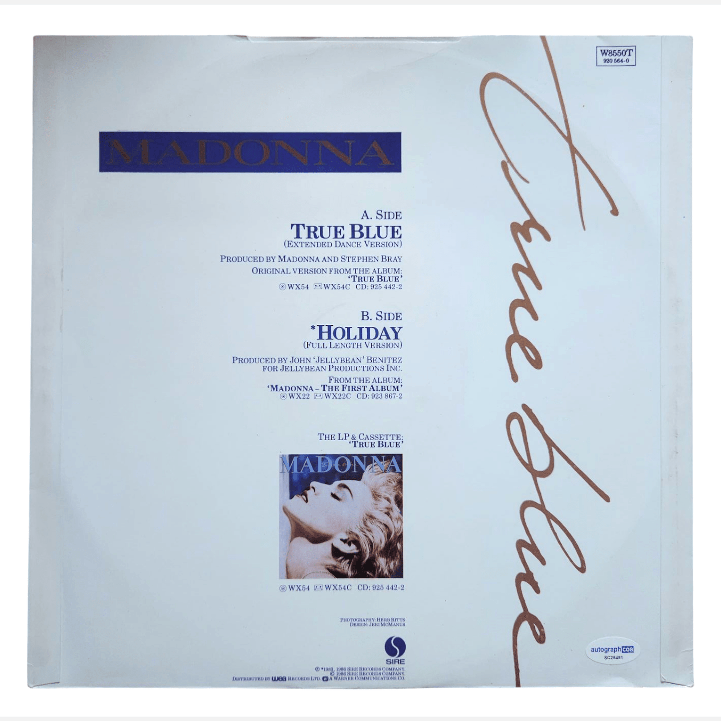MADONNA autograph ACOA LOA signed Vinyl LP True Blue RARE vinyl
