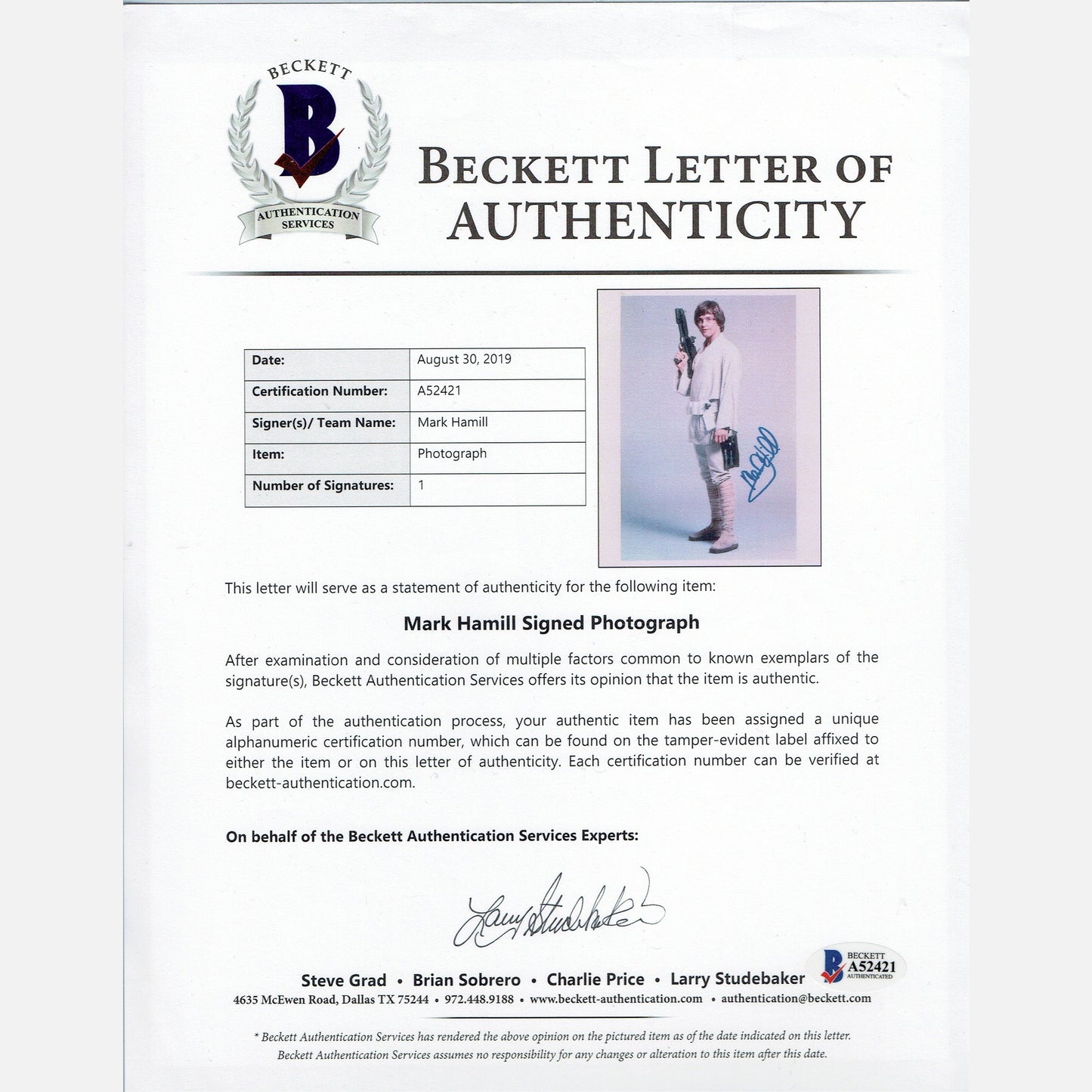 MARK HAMILL autograph BECKETT LOA signed 8x10 photography STAR WARS Vintage 8x10