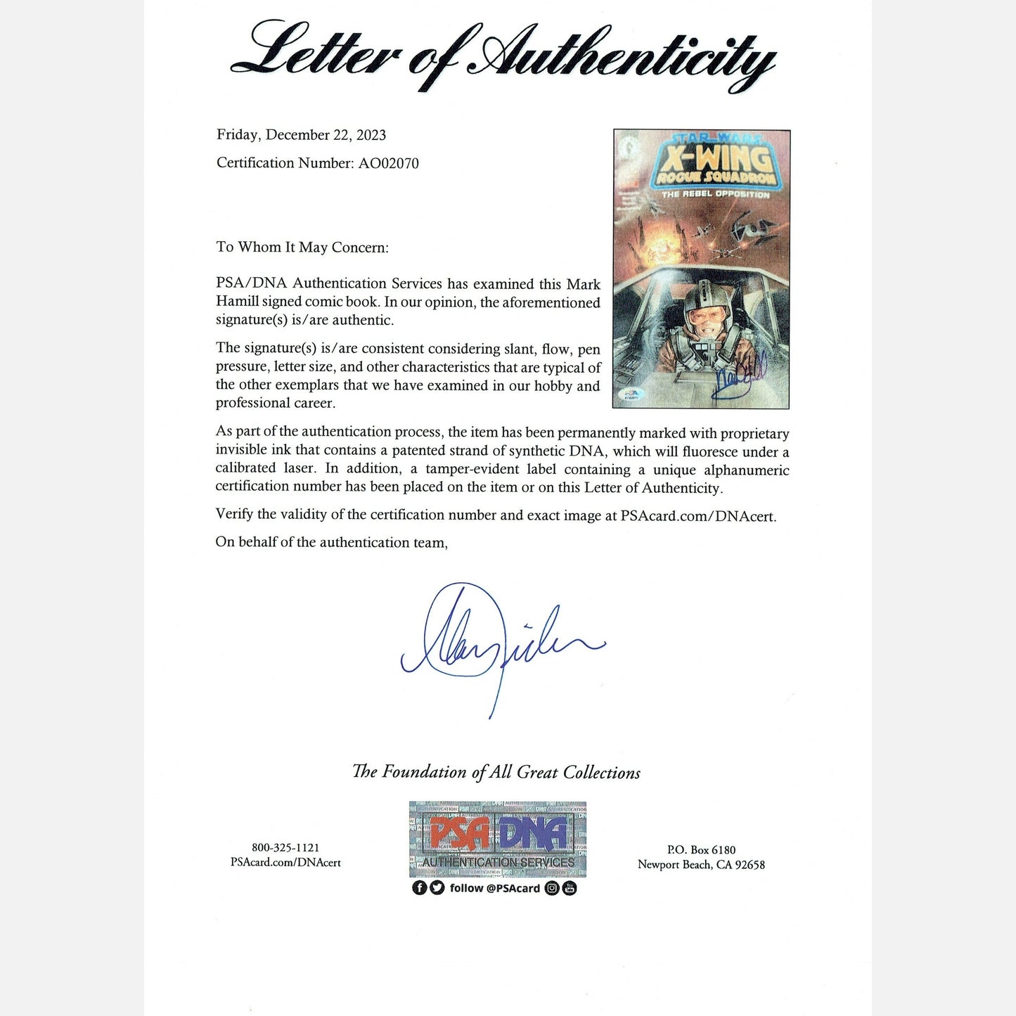 MARK HAMILL autograph PSA LOA signed STAR WARS COMICS Memorabilia