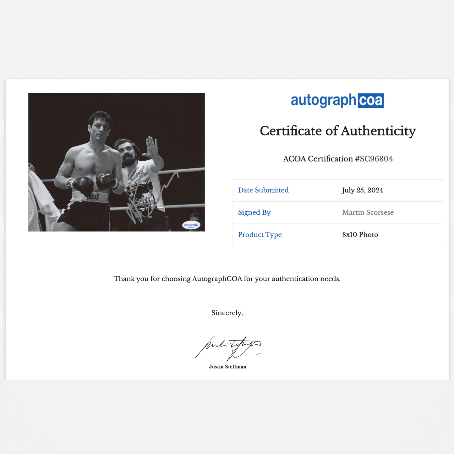 MARTIN SCORSESE autograph ACOA signed 8x10 photography RAGING BULL 8x10