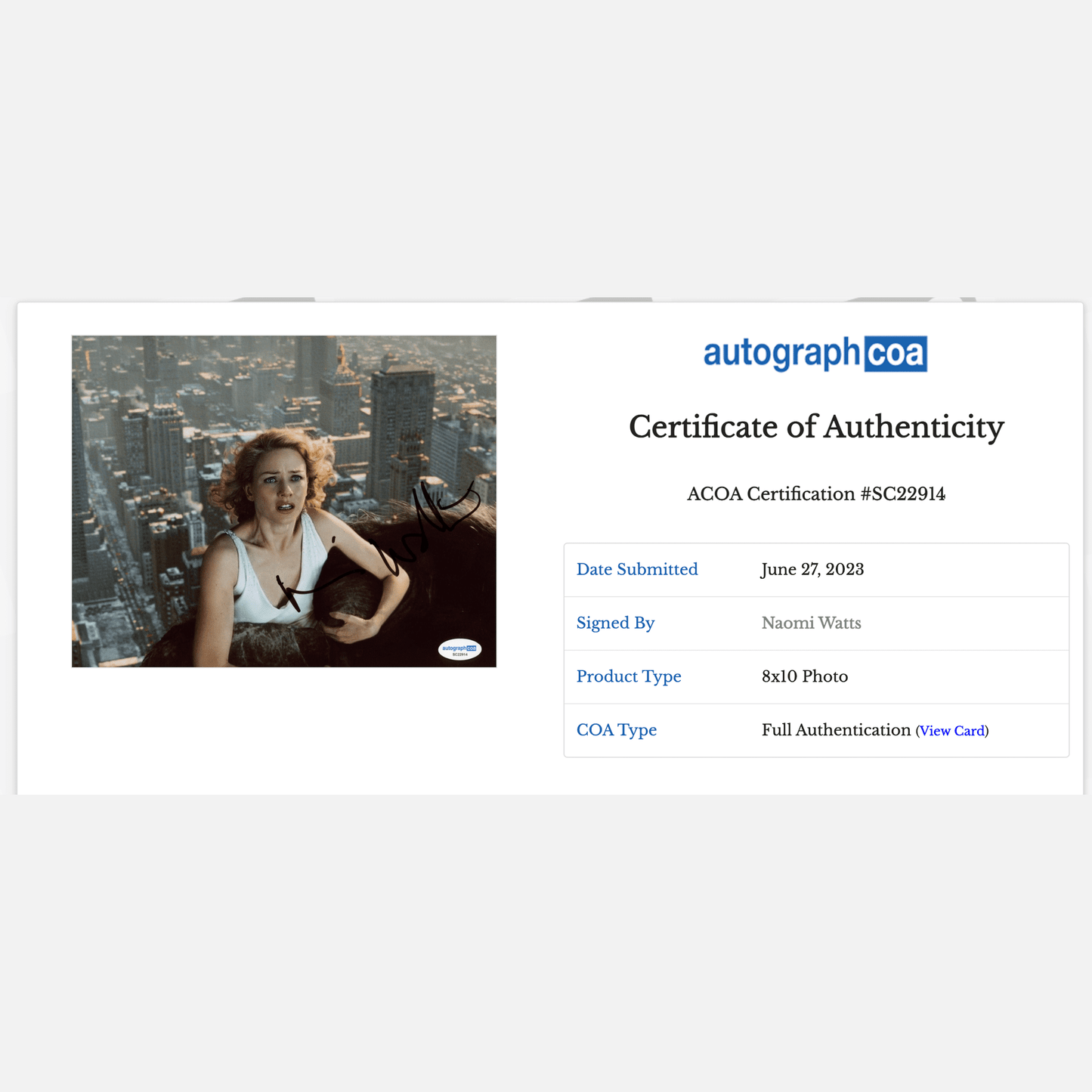 NAOMI WATTS autograph ACOA signed 8x10 photography KING KONG 8x10