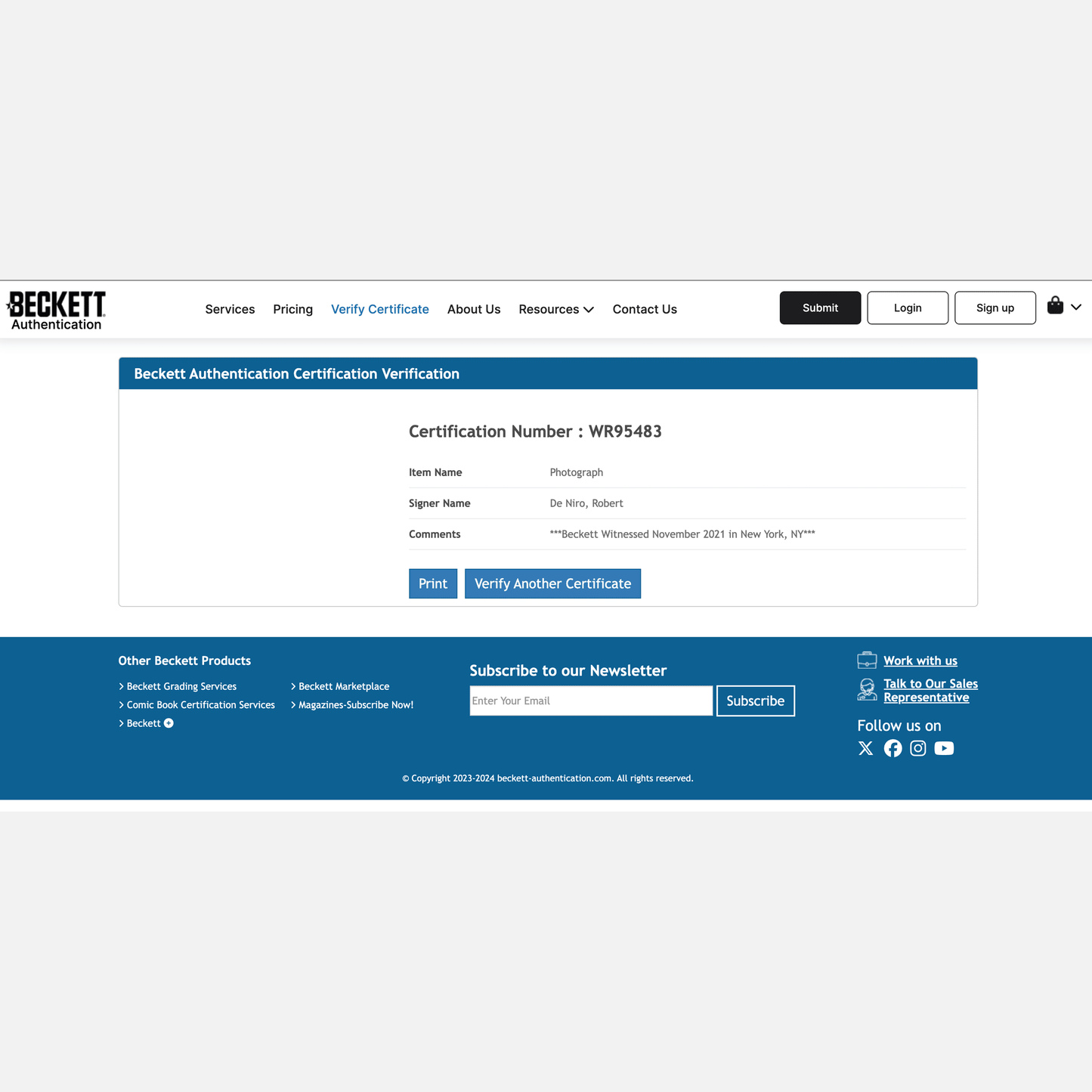 ROBERT DE NIRO autograph BECKETT & ACOA signed 16x20 photography TAXI DRIVER 16x20