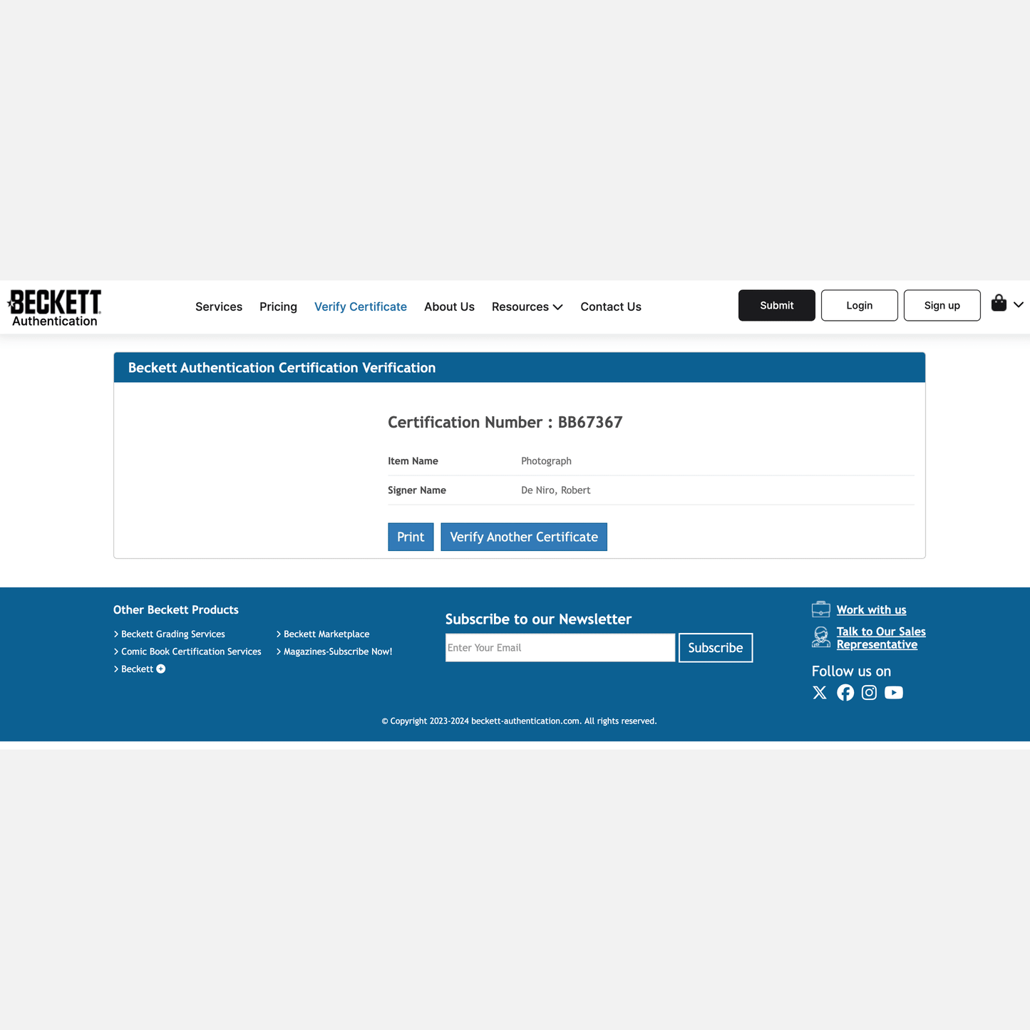 ROBERT DE NIRO autograph BECKETT & ACOA signed 8x10 photography CASINO 8x10