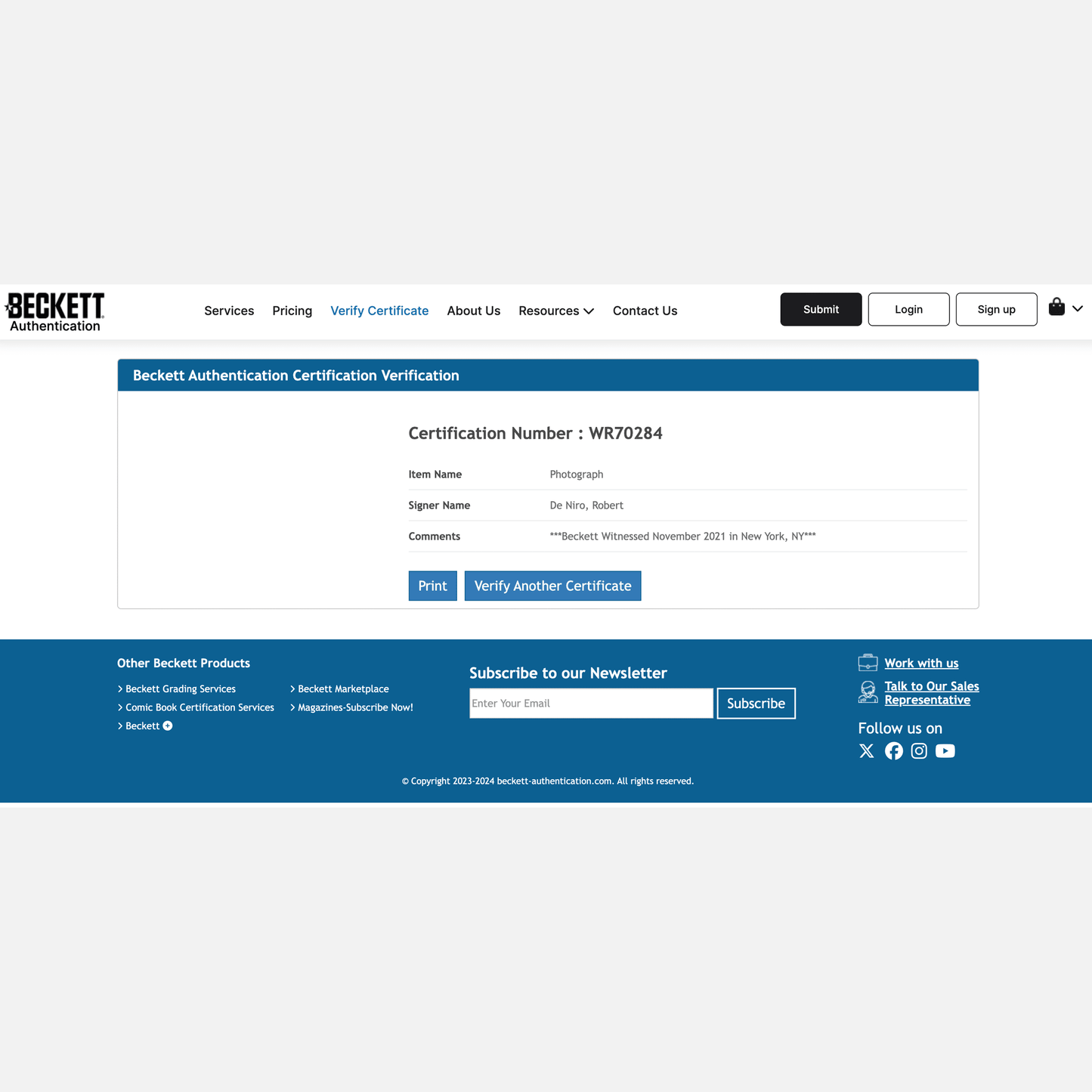 ROBERT DE NIRO autograph BECKETT signed 16x20 photography TAXI DRIVER 16x20