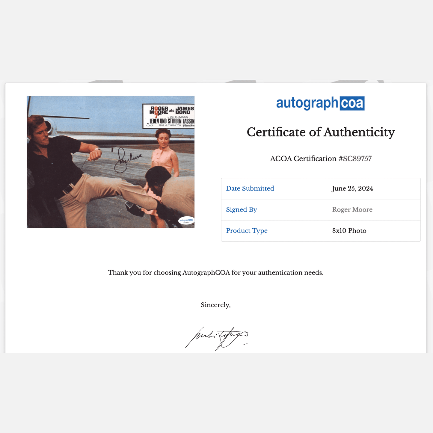 ROGER MOORE autograph BECKETT signed 8x10 photography 007 JAMES BOND 8x10