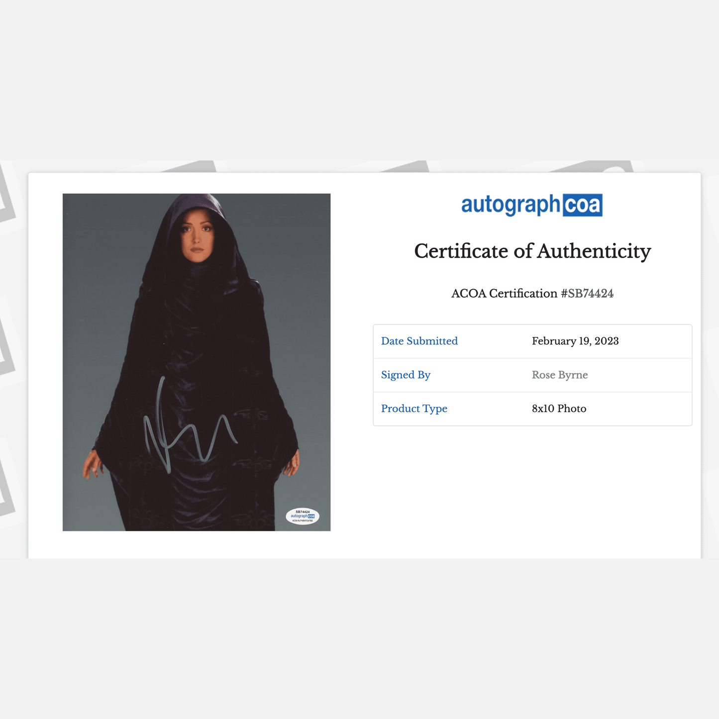 ROSE BYRNE autograph ACOA signed 8x10 photography STAR WARS 8x10