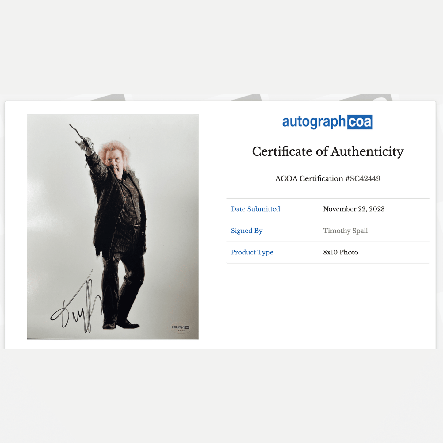 TIMOTHY SPALL autograph ACOA signed 8x10 photography HARRY POTTER 8x10