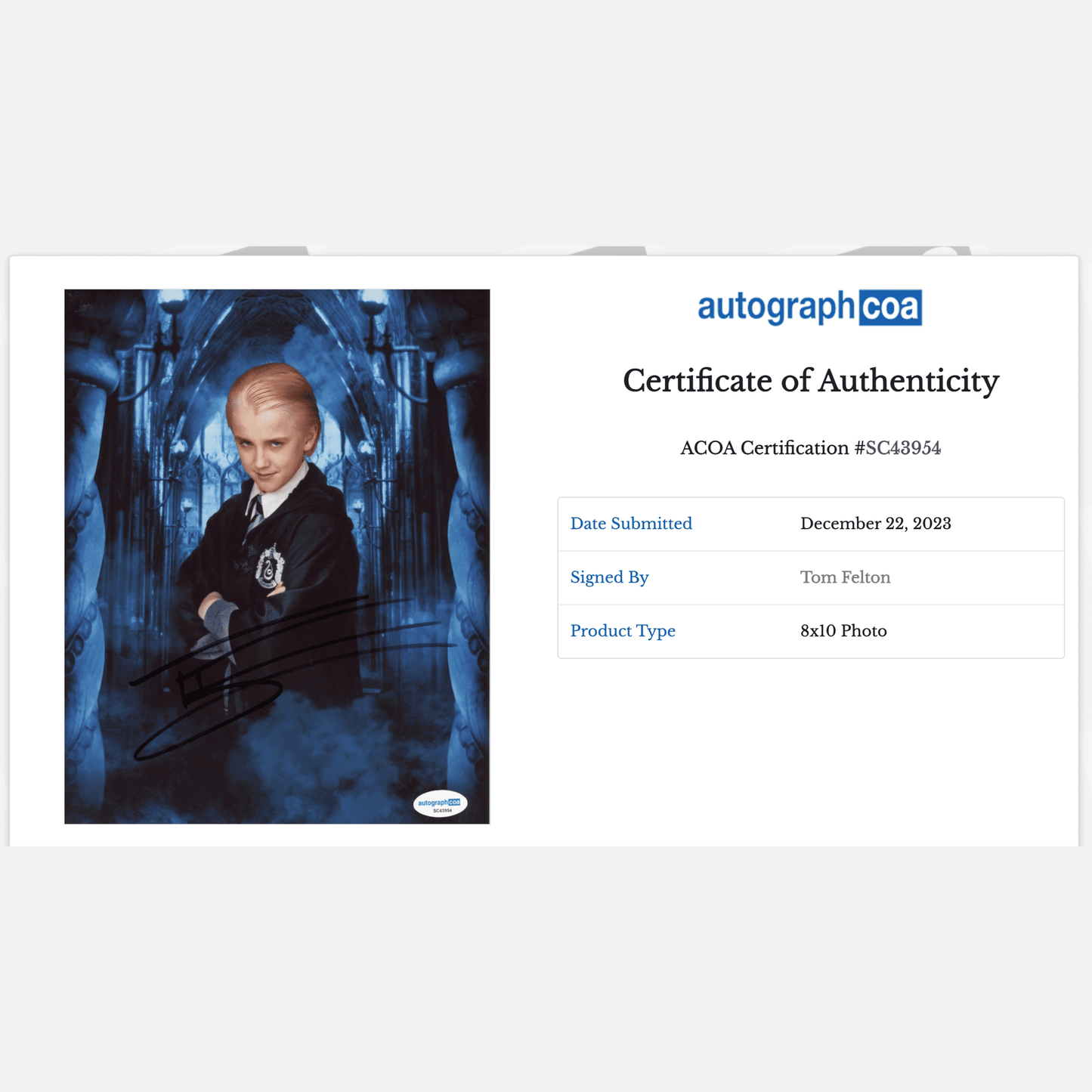 TOM FELTON autograph ACOA signed 8x10 photography HARRY POTTER 8x10