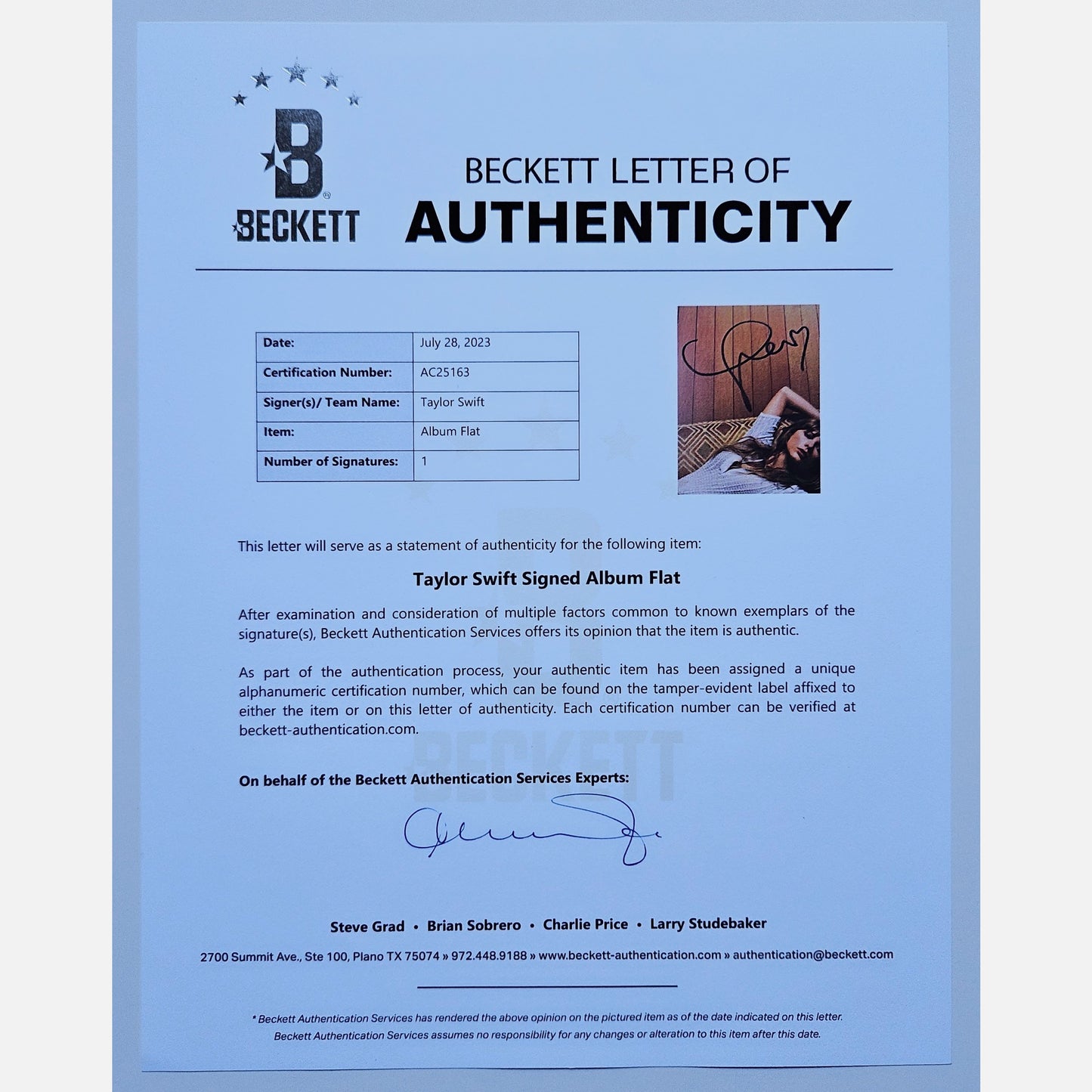Autograf TAYLOR SWIFT Certyfikat BECKETT Płyta winylowa
