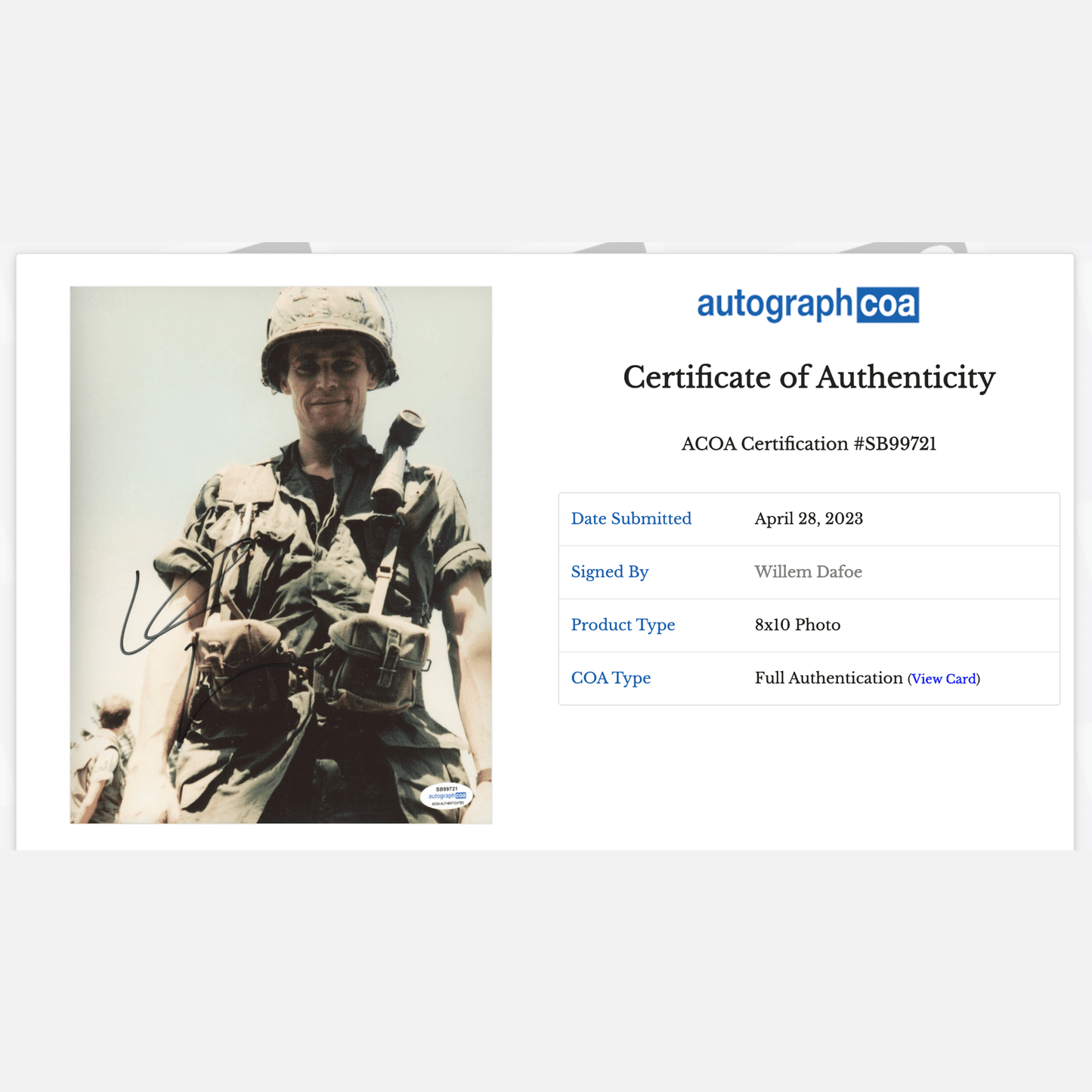 WILLEM DAFOE autograph ACOA signed 8x10 photography PLATOON 8x10