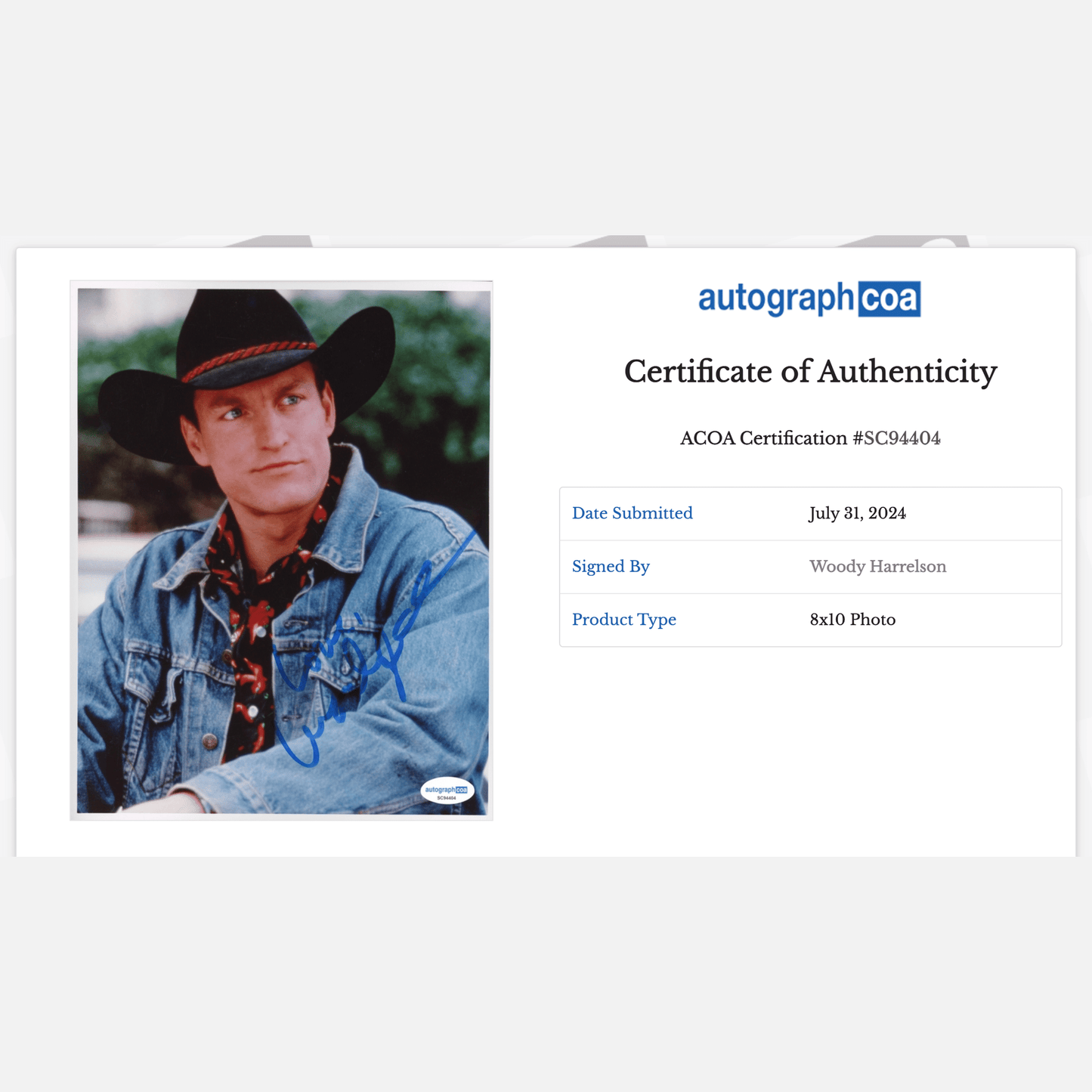 WOODY HARRELSON autograph ACOA signed 8x10 photography 8x10