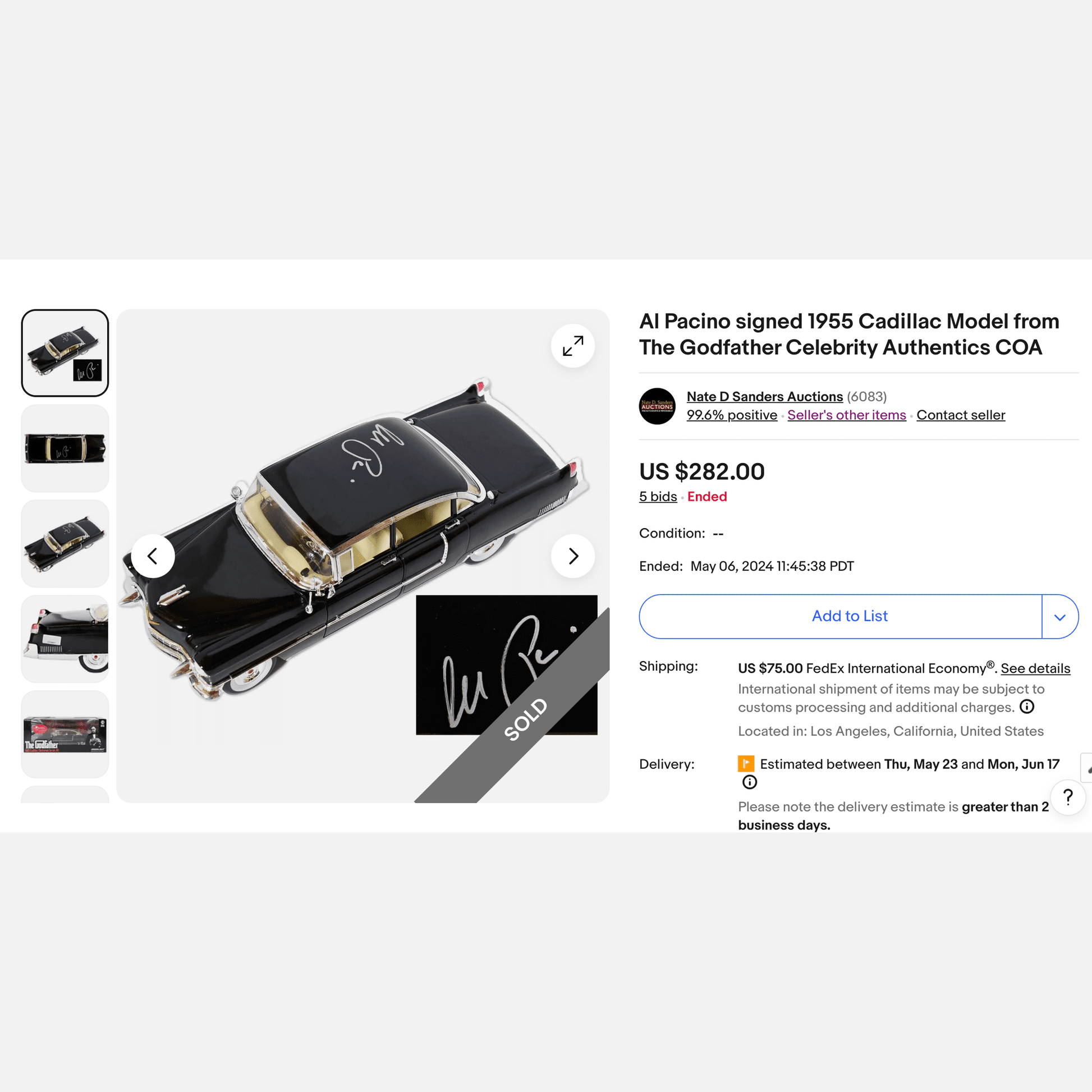 AL PACINO autograph Celebrity Authentics ACOA signed 1955 Cadillac Model THE GODFATHER Memorabilia