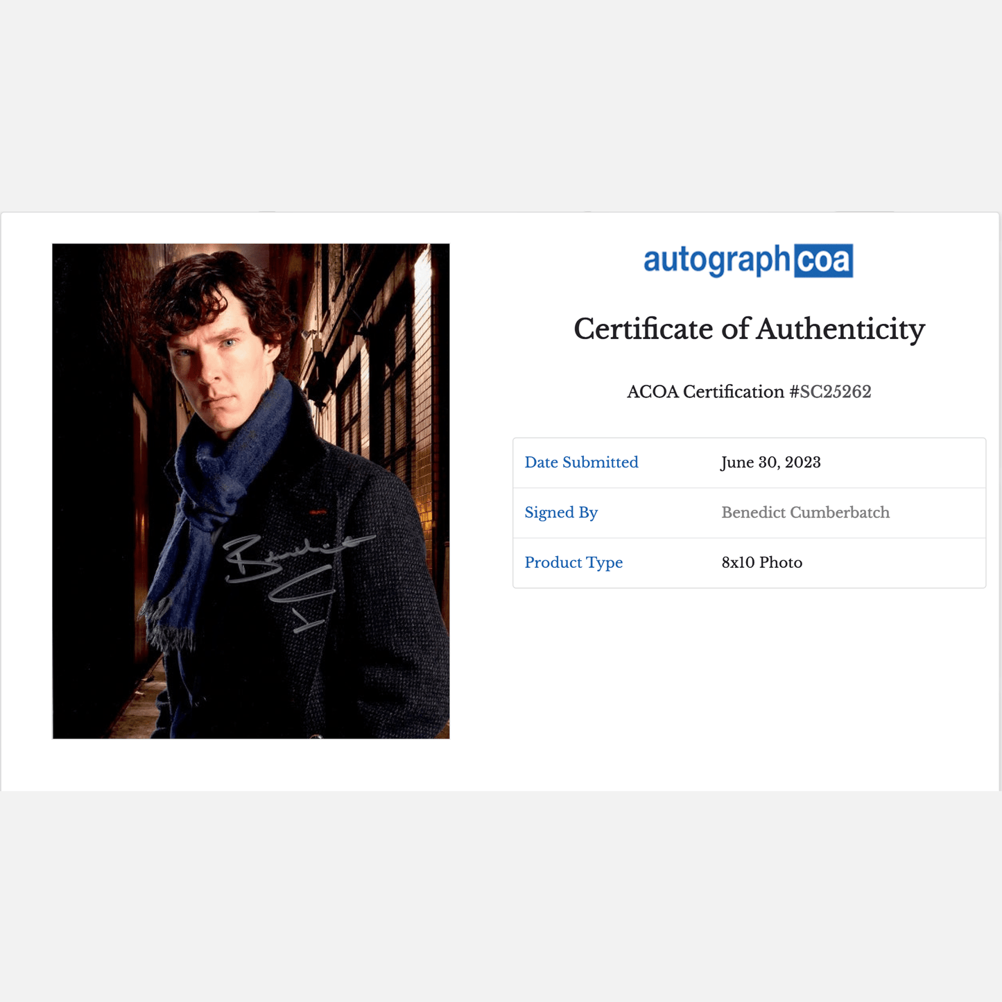 Autograf BENEDICT CUMBERBATCH Certyfikat ACOA 20x25 cm SHERLOCK HOLMES